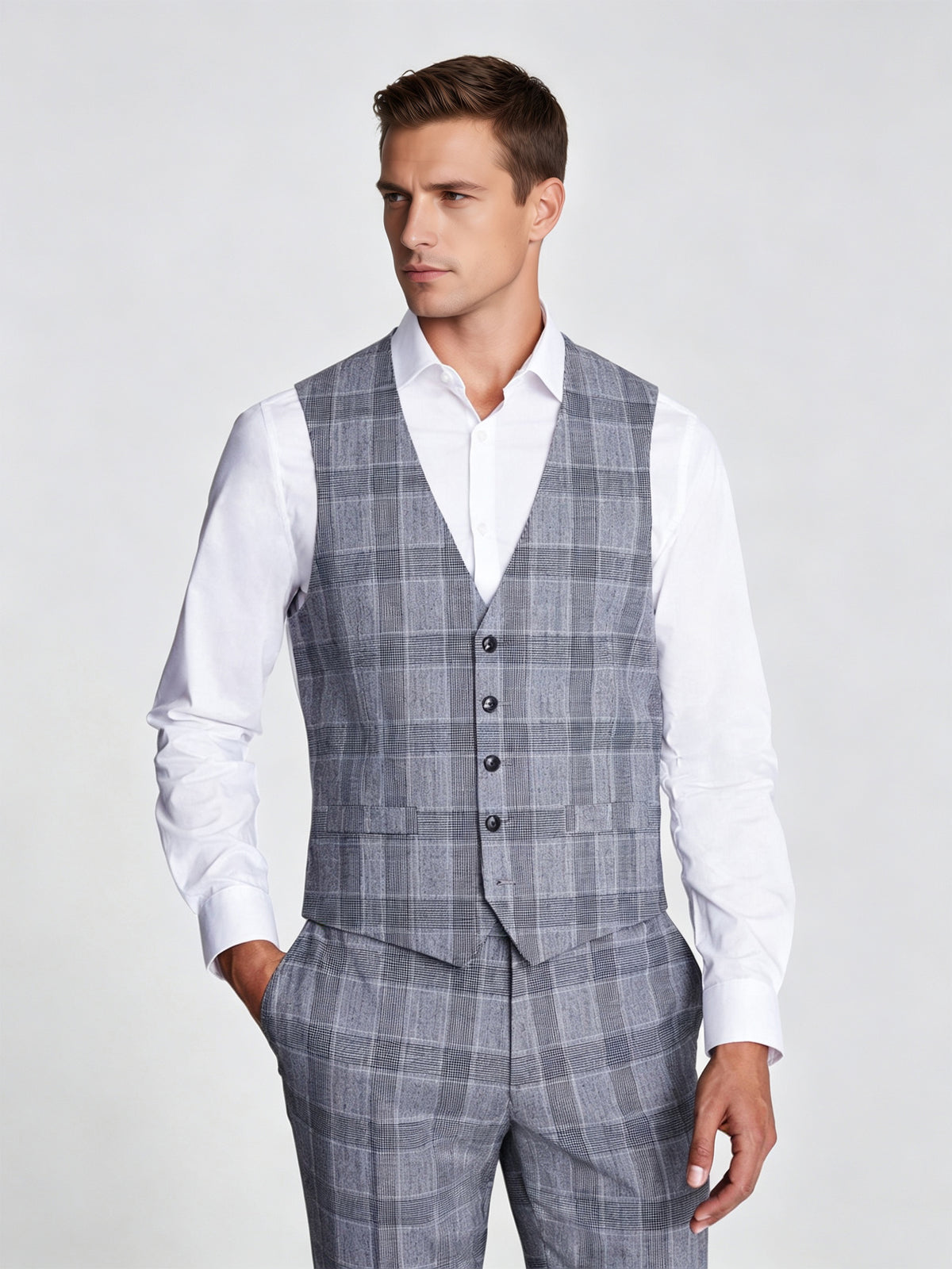 Cicinia Men's Suits Grey Glen Plaid 3 Pieces Suit Double Breasted Notch Lapel Slim Fit Jacket Vest Trousers