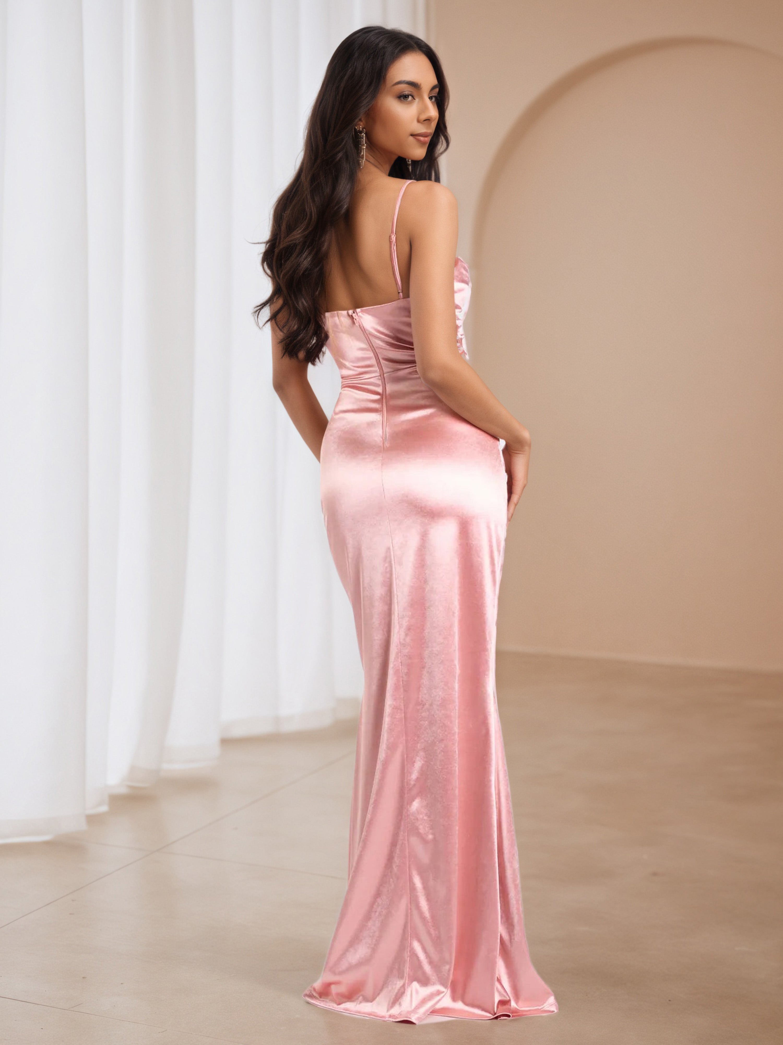 Spaghetti Straps Blush Long Wedding Guest Dress with Split