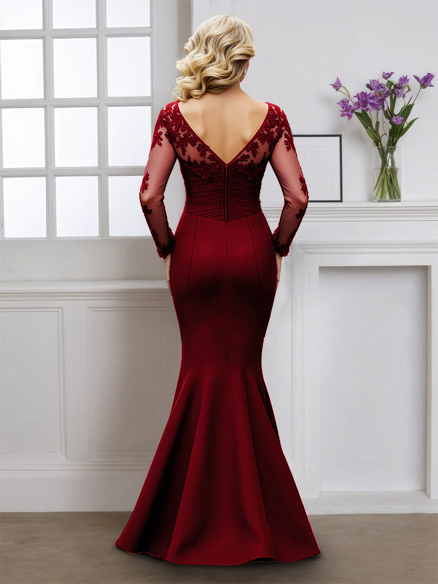 Cicinia Burgundy Mother Of The Bride Dress With Sleeves Long Stretch Fabric Mermaid V-neck