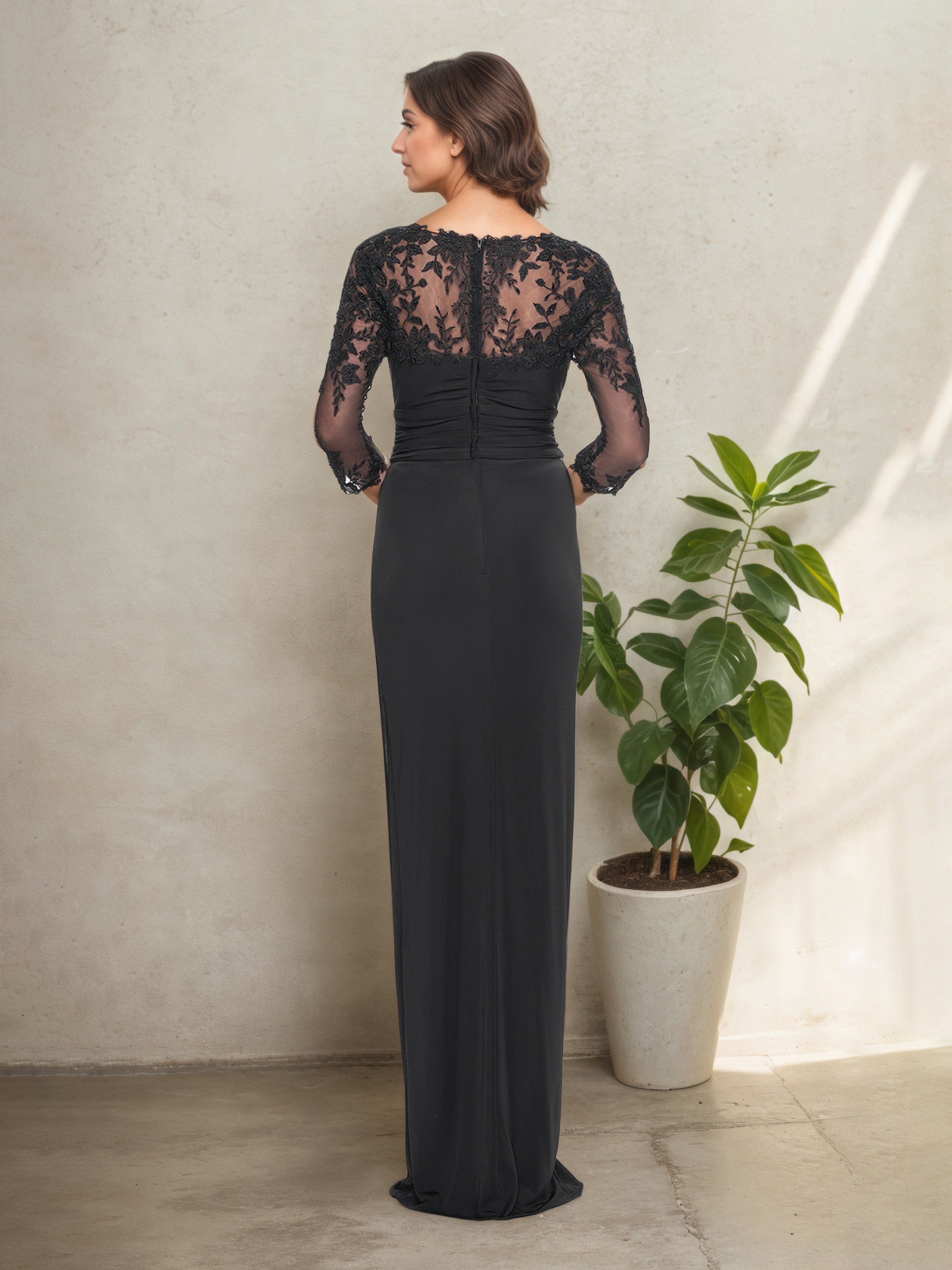Elegant Lace Square Neck Pleats  Mother Of The Bride Dress in Black