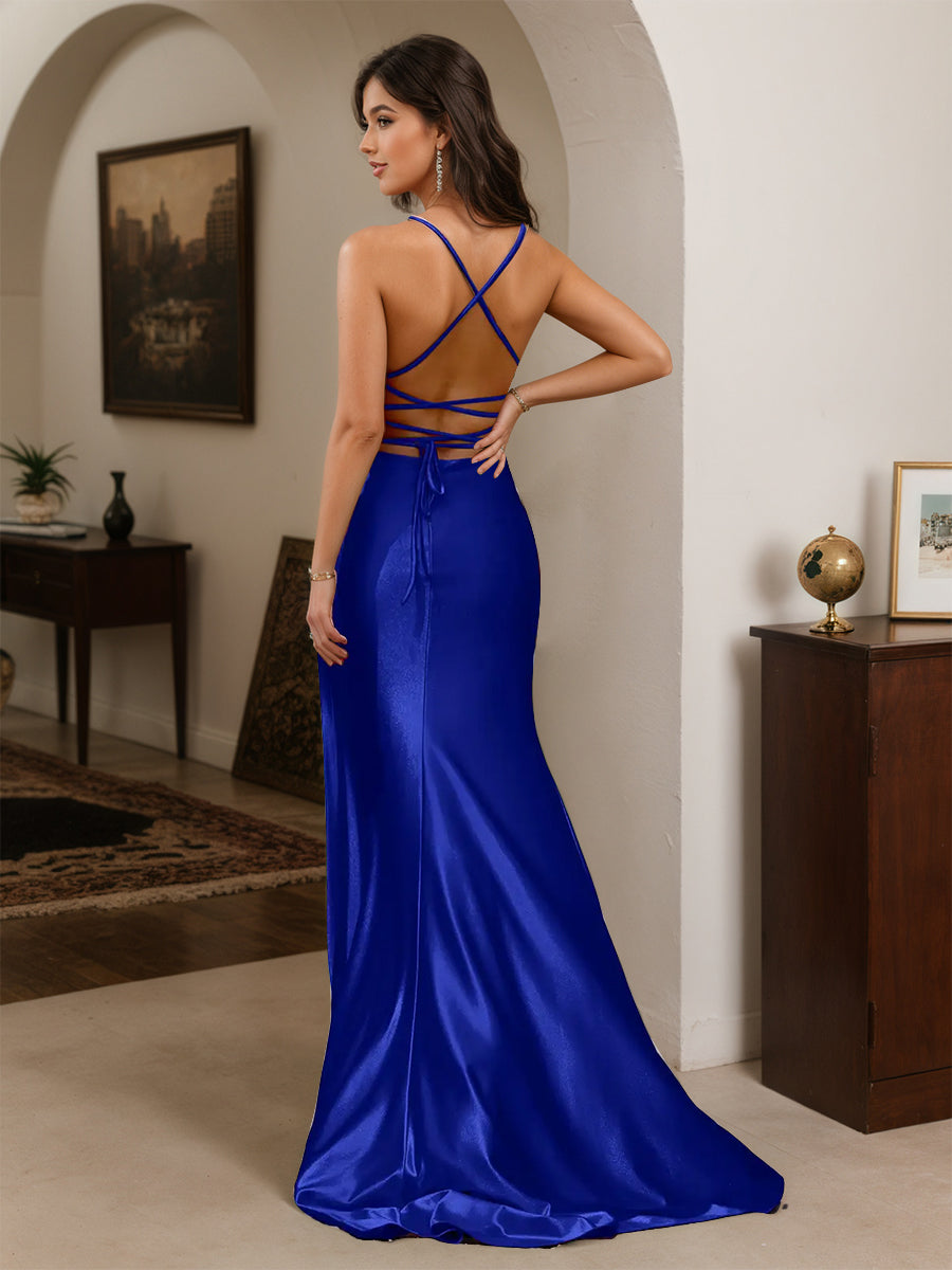 Cicinia Royal Blue Prom Dresses Long Spaghetti Straps Backless Sheath Slit Gowns