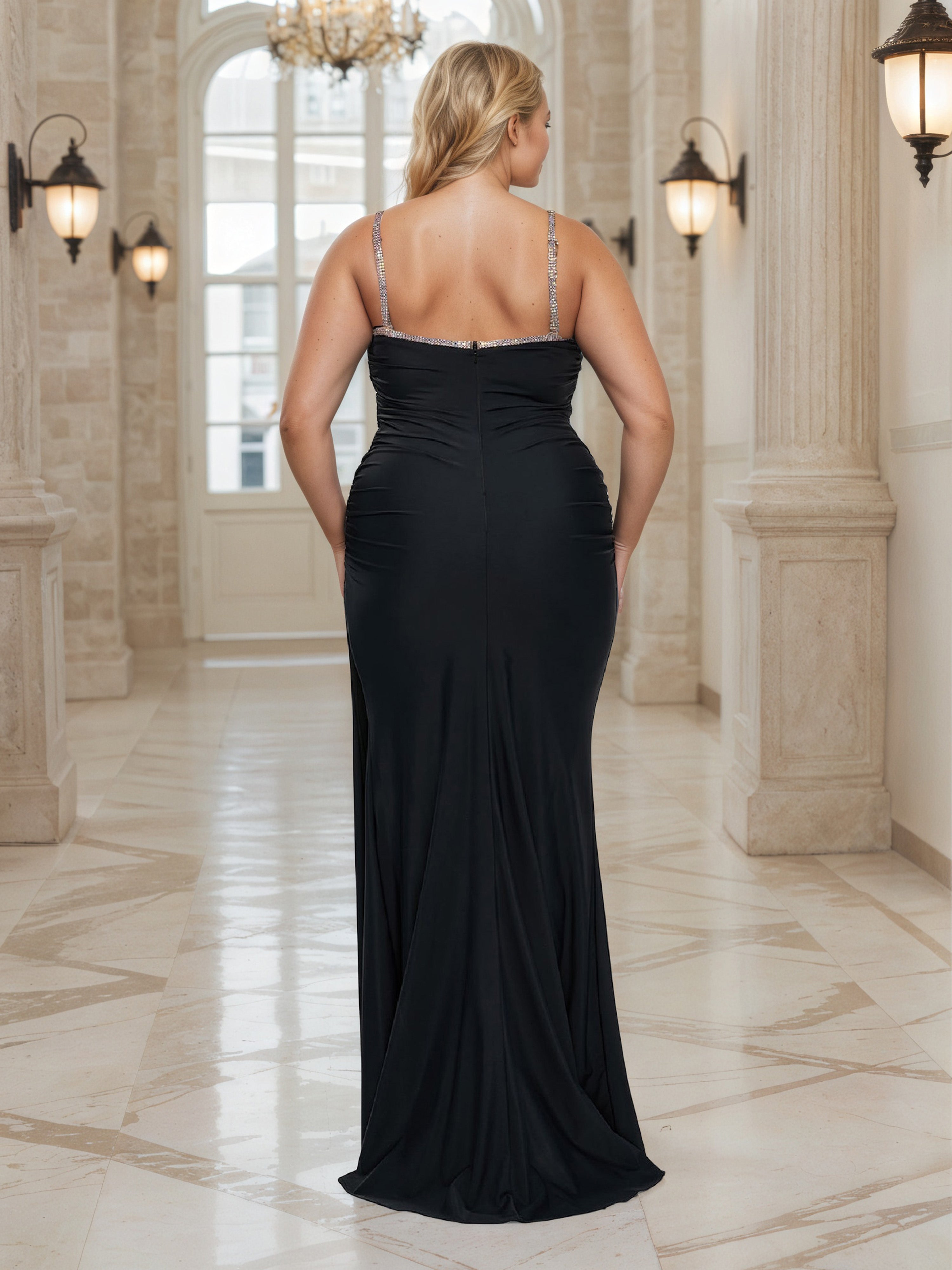 Black And Silver Sheath Long Plus Size Prom Dress With Straps
