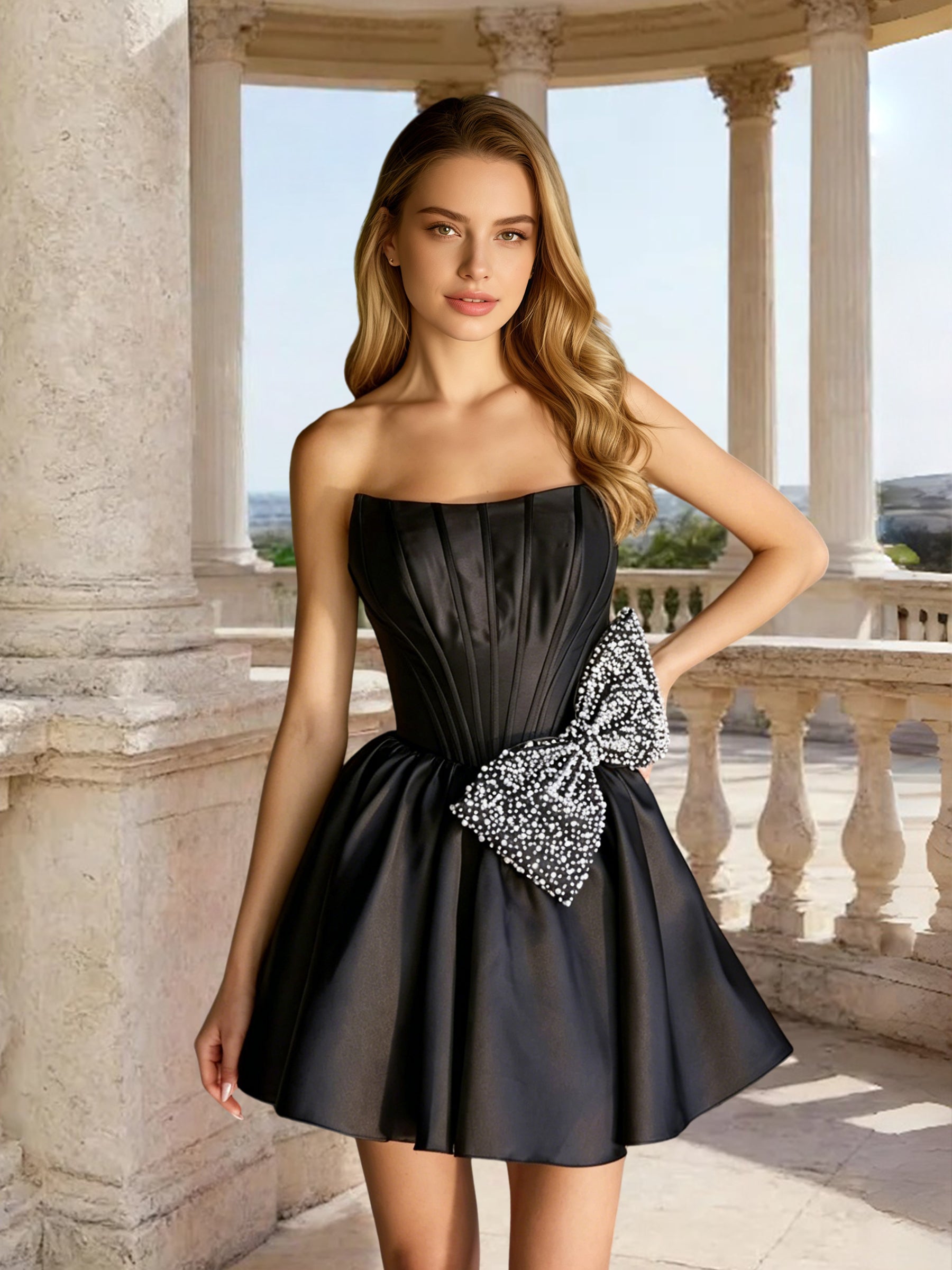 Cicinia Black Homecoming Dress Strapless Sheath Mini with Big Bow at Waist