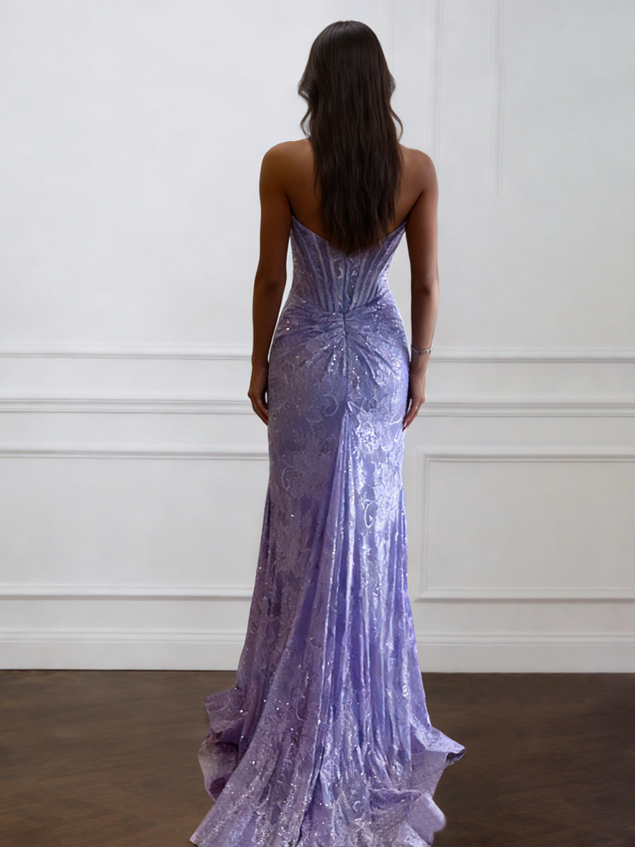 Cicinia Lilac Prom Dresses Long Lace Sheath Strapless Sweep Train Elegant