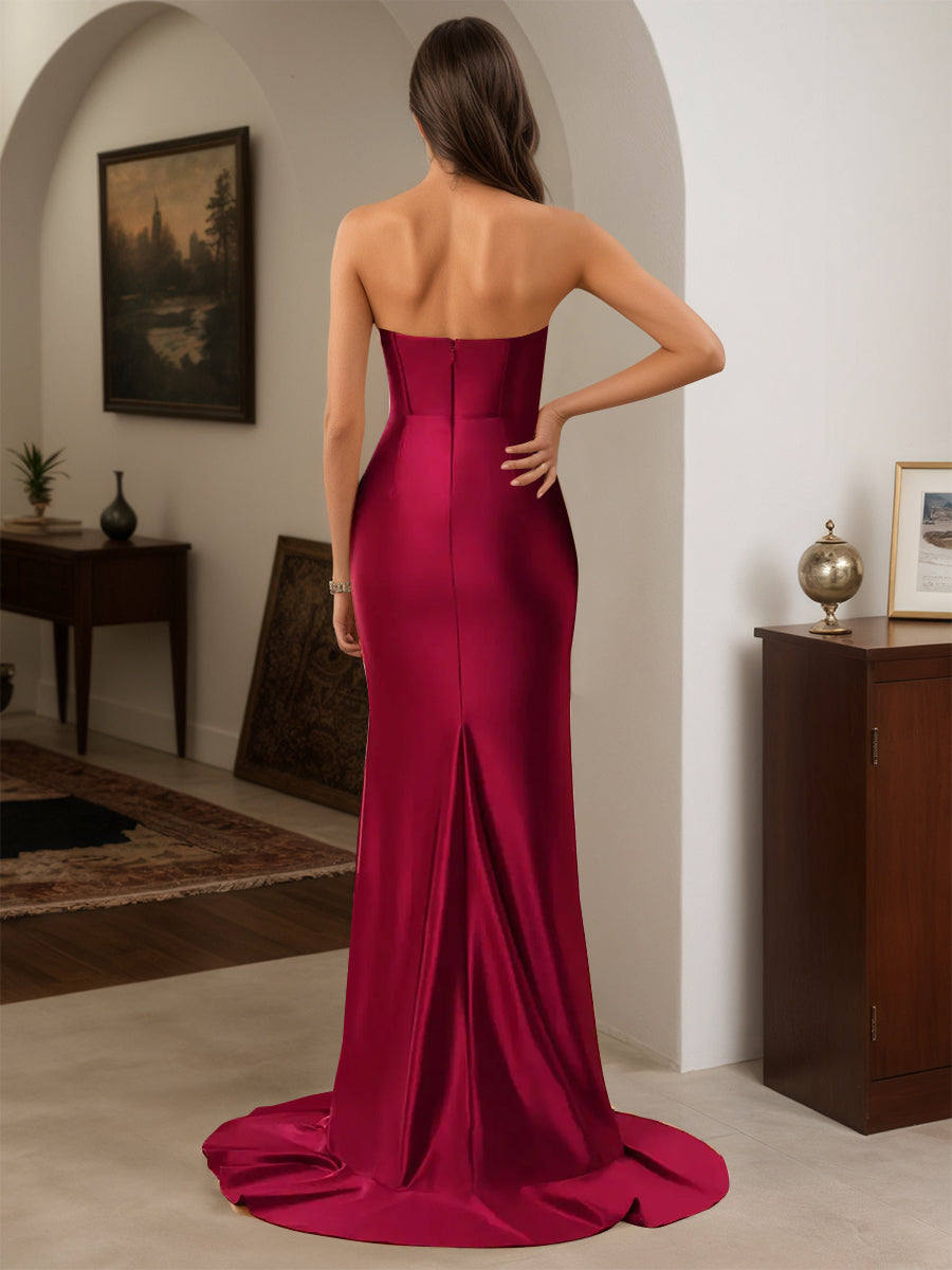 Cicinia Burgundy Prom Dresses Long Sheath Ruffles Sweetheart Dress With Sweep Train