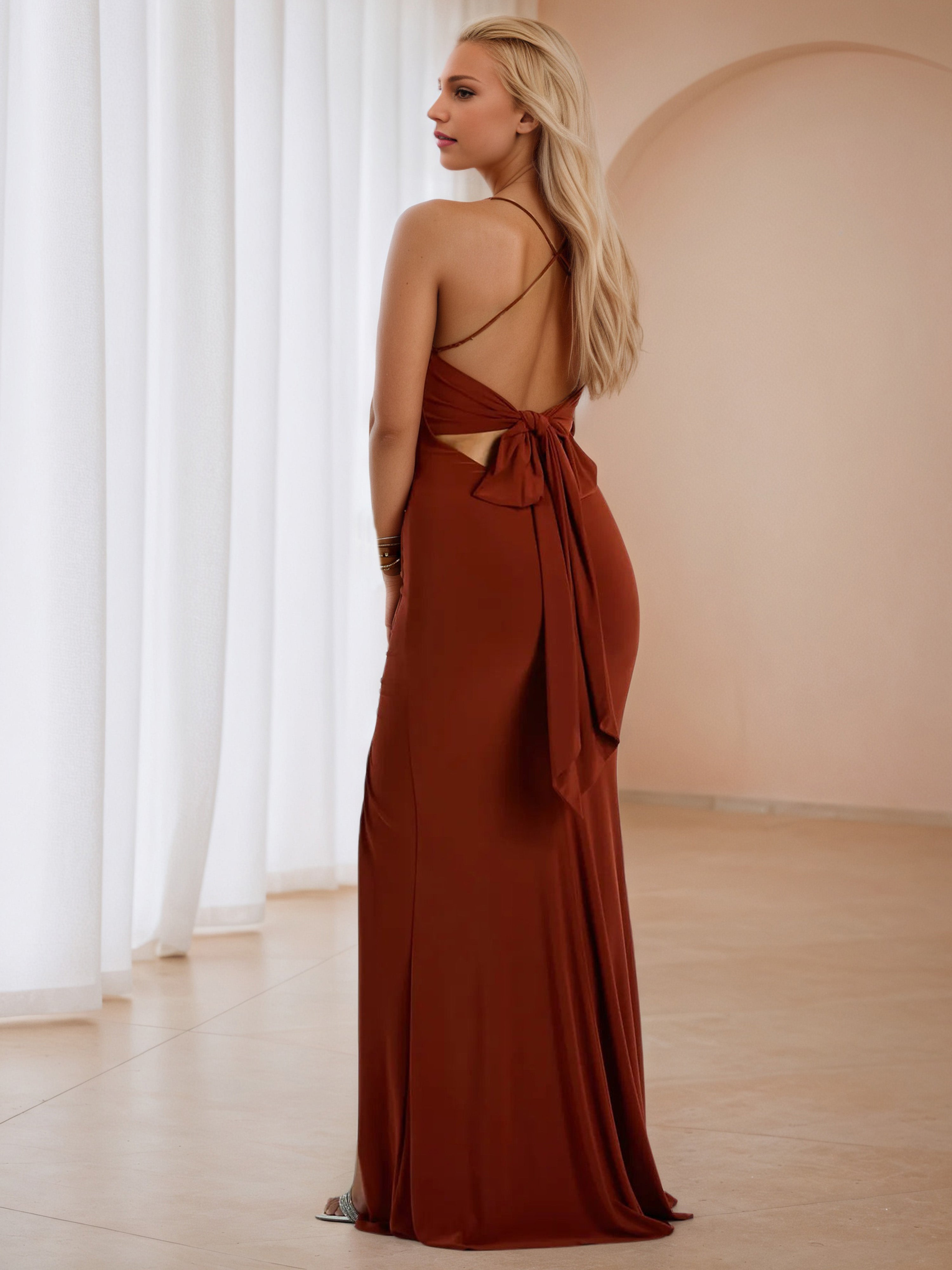 Rust Trumpet/Mermaid Wedding Guest Dress with Split