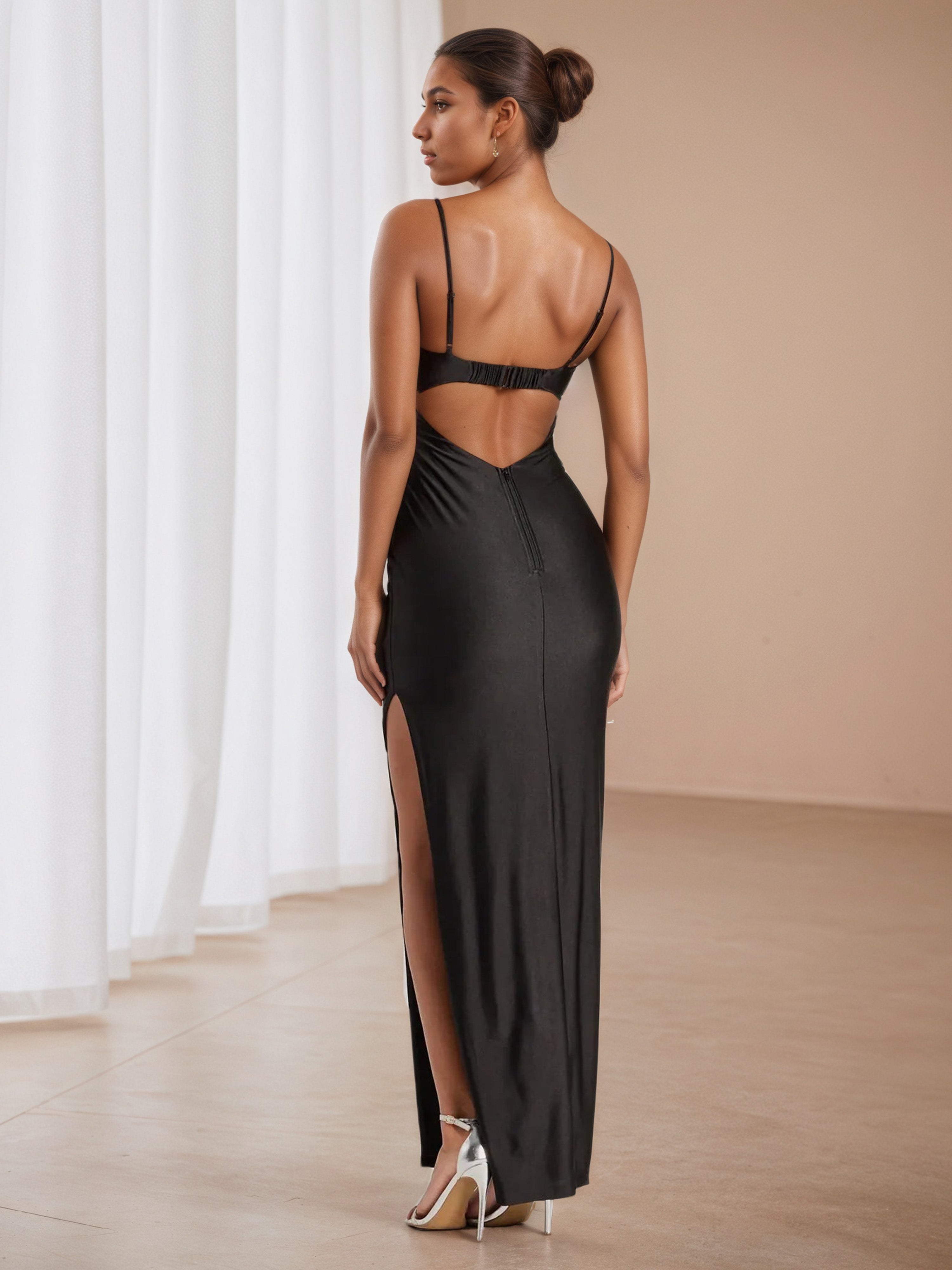 Sheath/Column Spaghetti Straps Black Cut-Out Formal Dresses with Split