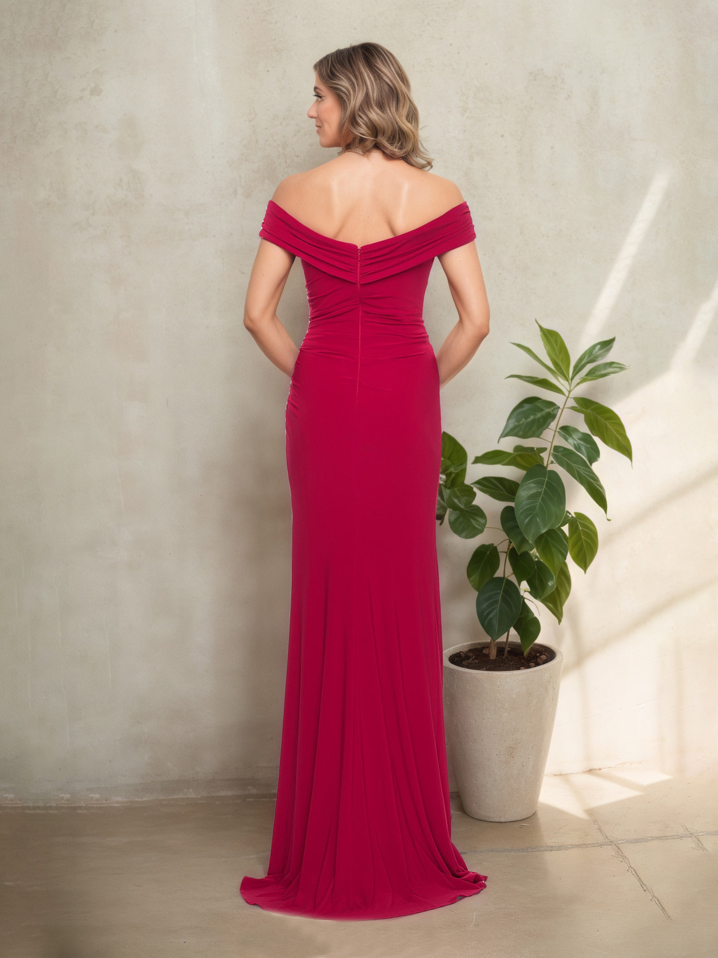 Sheath/Column Off The Shoulder Pleats Magenta Mother Of The Bride Dress