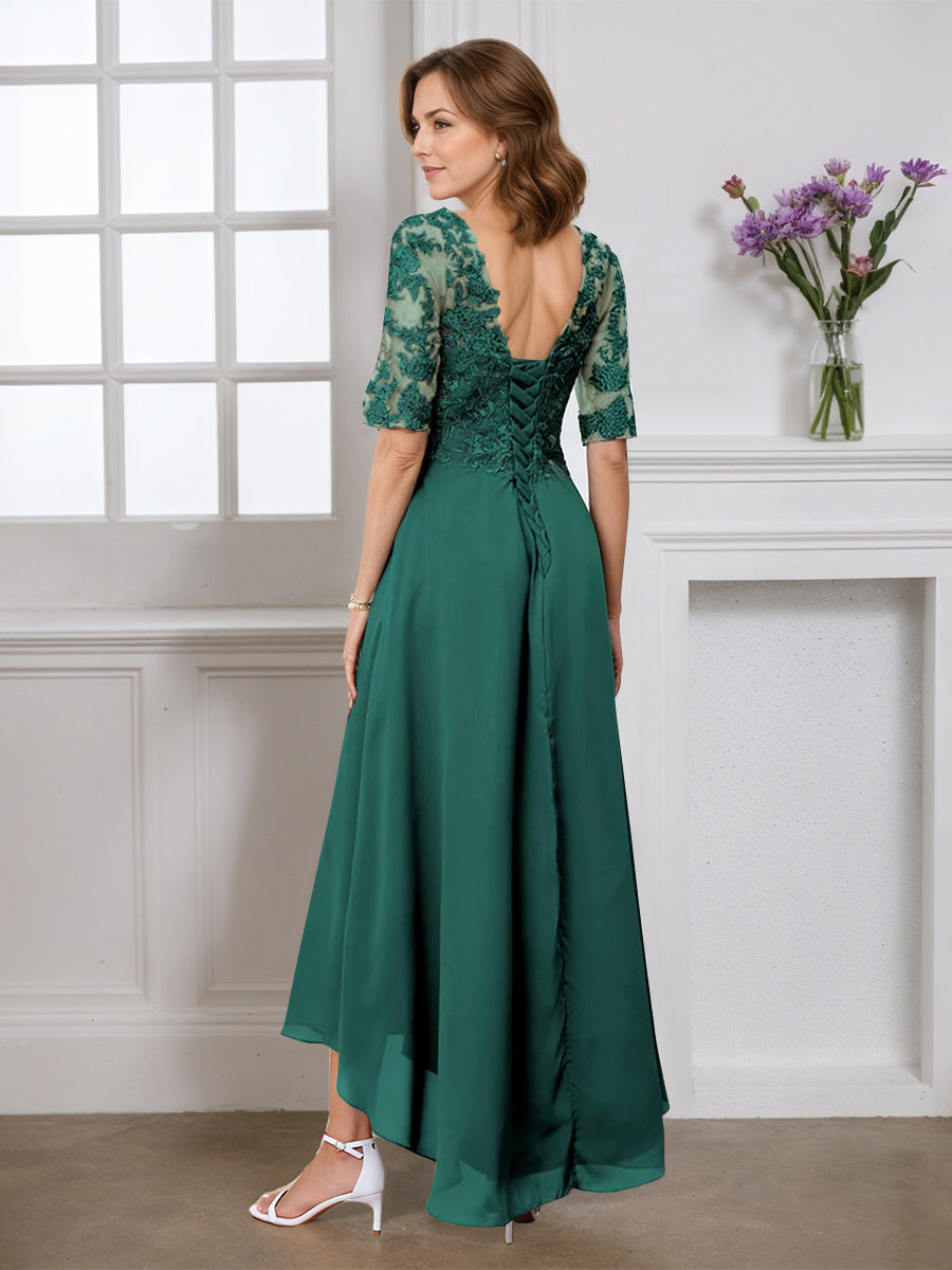 Cicinia Dark Green Mother Of The Bride Dress Half Sleeves Long Chiffon Lace A-line V-neck High-Low Hemline