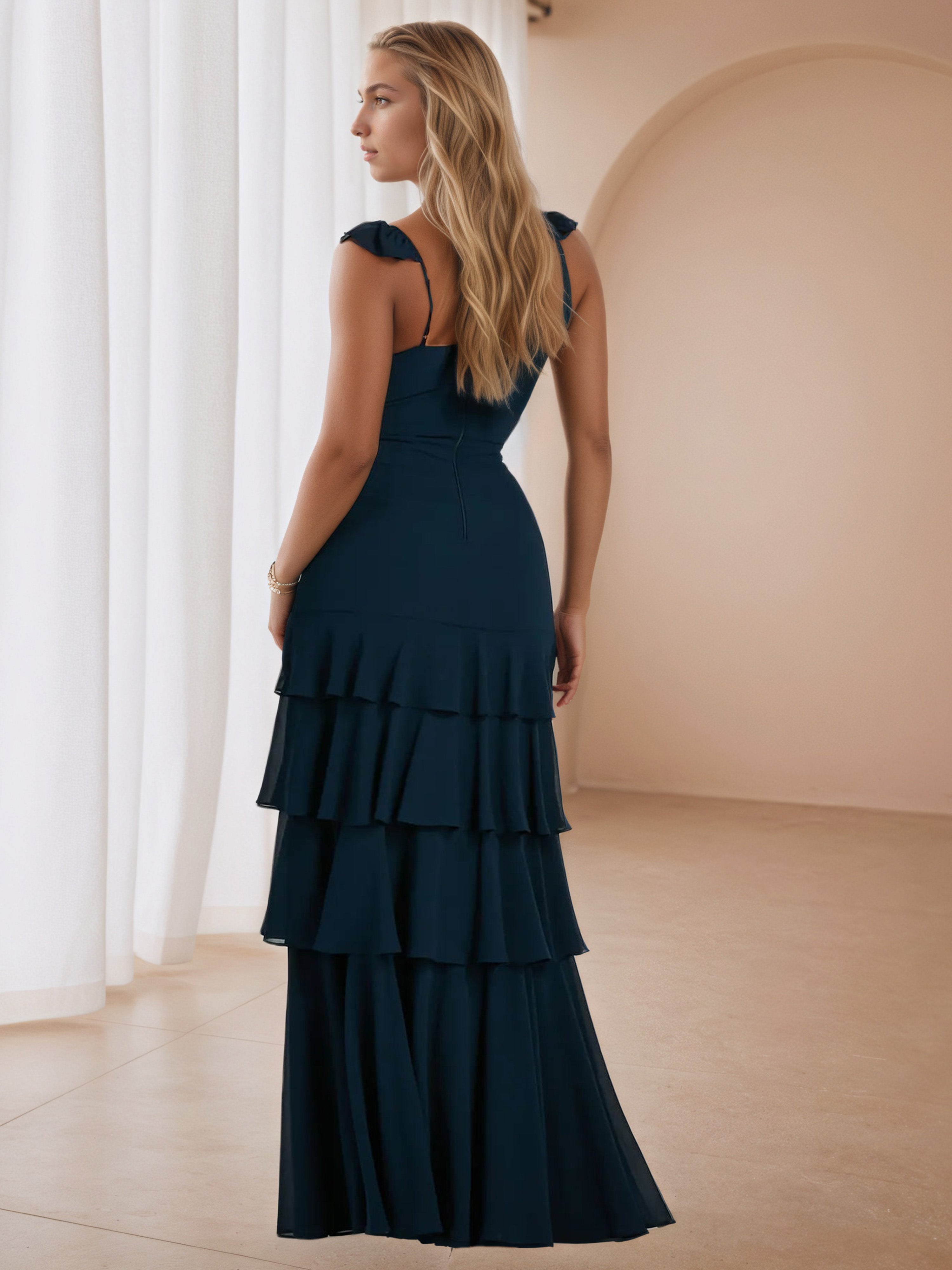 Sheath Dark Navy Layers V-Neck Wedding Guest Dress
