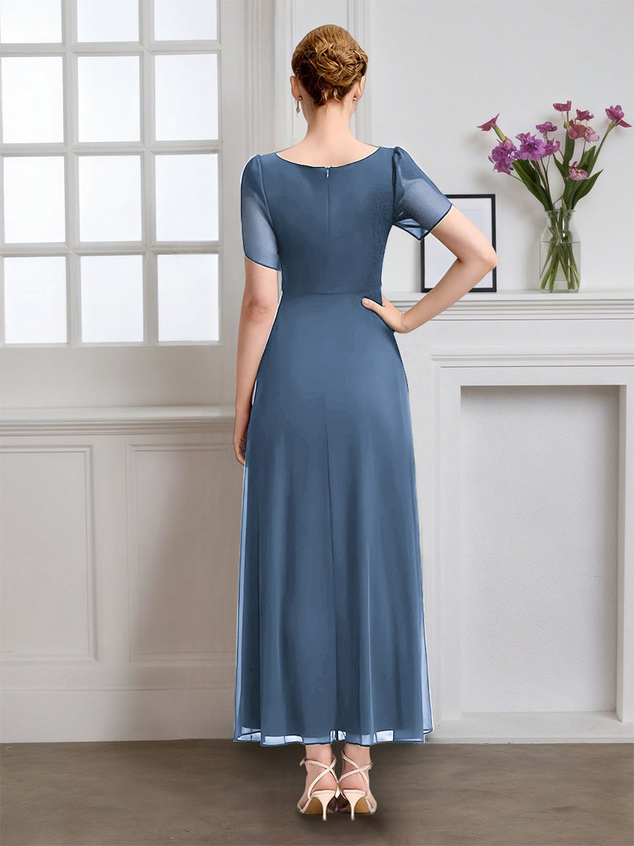 Cicinia Dusty Blue Mother Of The Bride Dress Long Chiffon A-line Ankle Length Short Sleeves V-neck