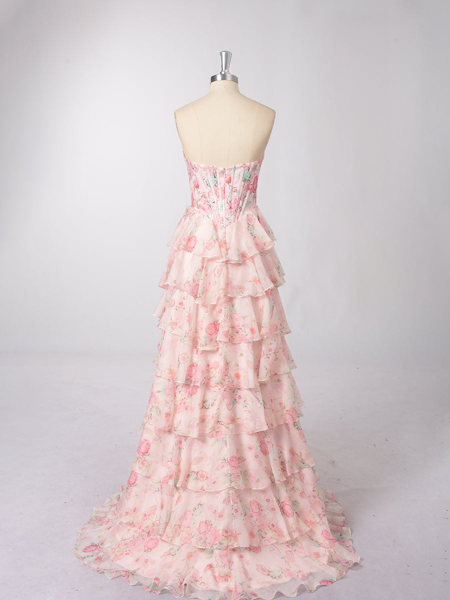 Cicinia Blushing Pink Prom Dresses Long Printed Fabric A-line Sleeveless Slit Layered Gowns