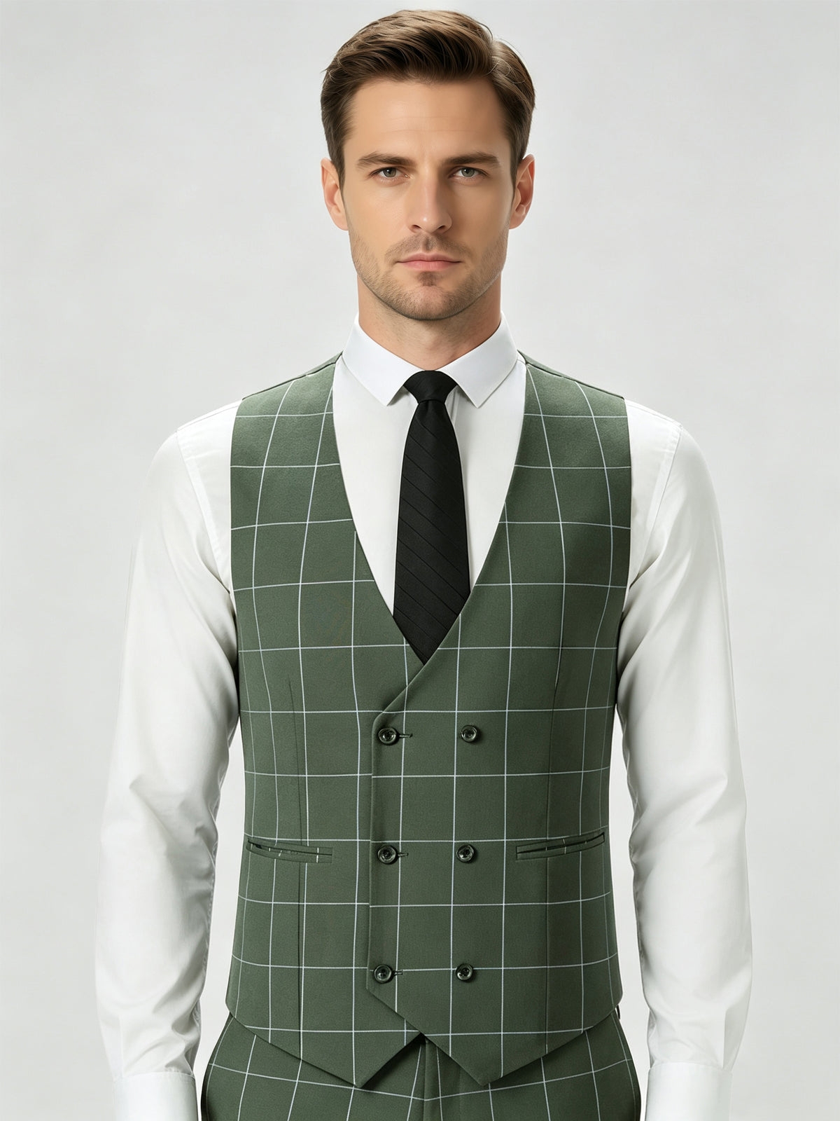 Cicinia Olive Green Men's Suits Windowpane Plaid 3 Pieces Suit Notch Lapel Slim Fit Jacket Vest And Straight Trousers
