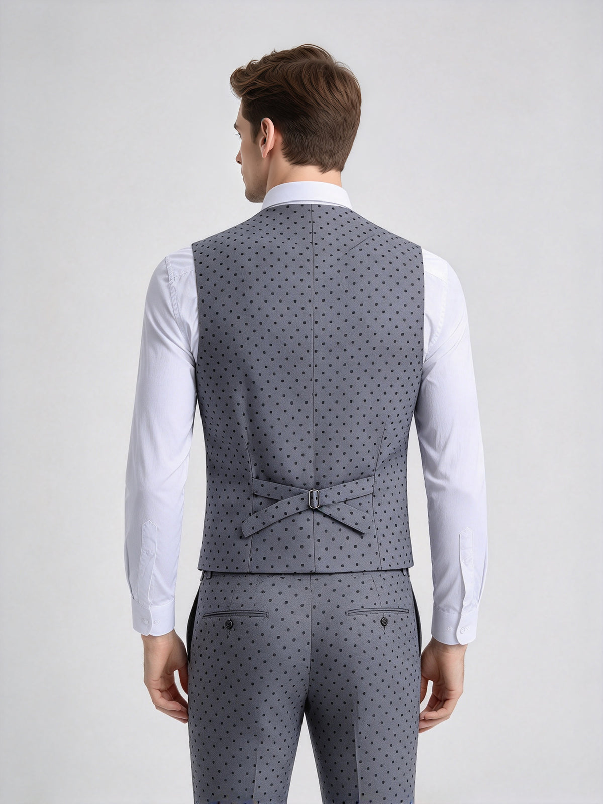Cicinia Grey Men's Suits Slim Fit Three Piece Polka Dot Double Breasted Vest Suit