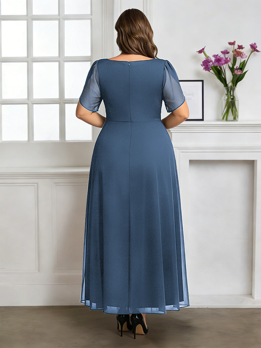 Cicinia Plus Size Dusty Blue Mother Of The Bride Dress Long Chiffon A-line Ankle Length Short Sleeves V-neck
