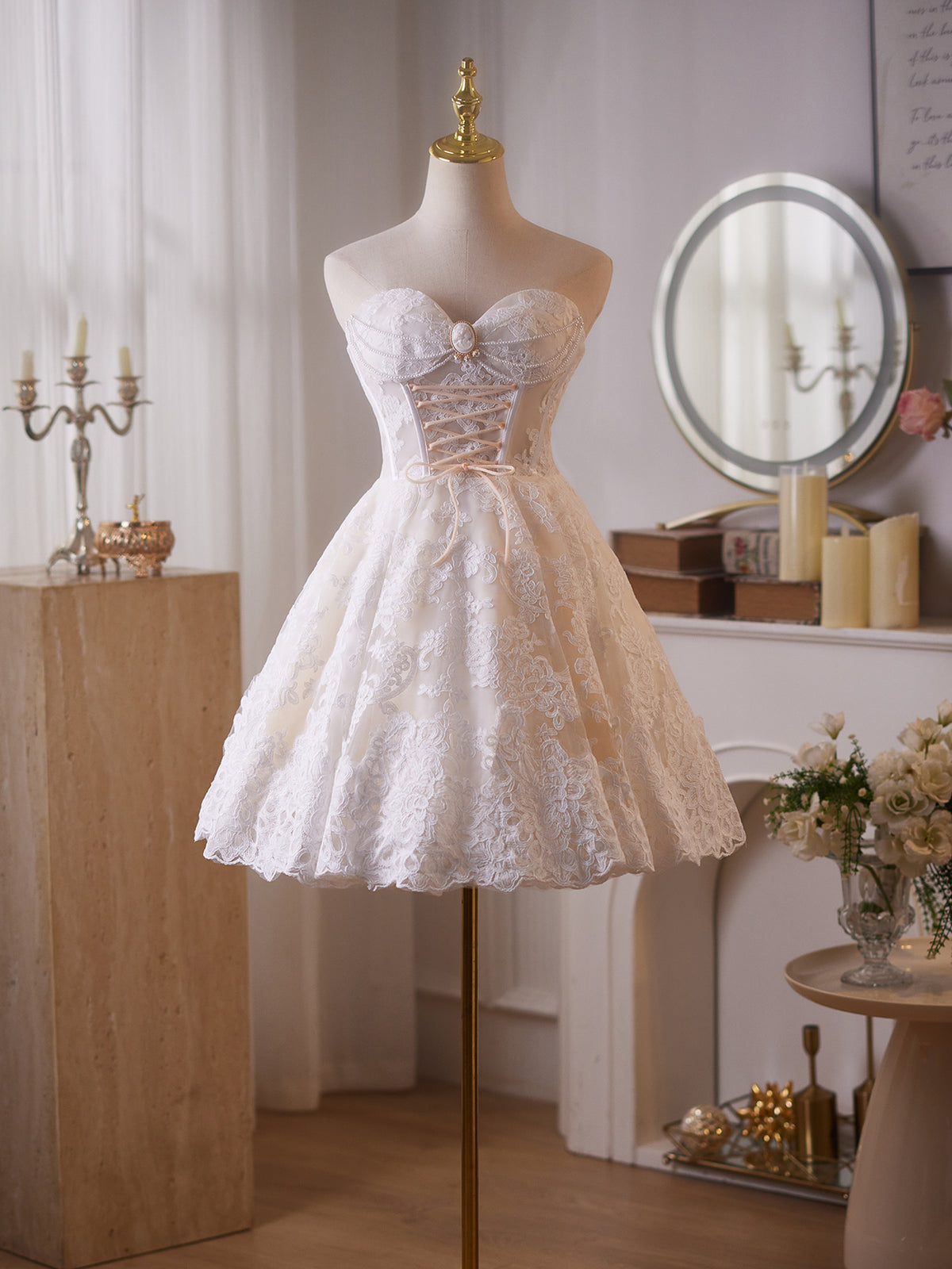 Cicinia Pearl Chain Vintage Cameo Ivory Wedding Dresses Short Lace A-line Sweetheart Mini Length Bridal Dress