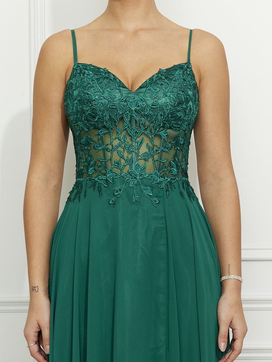 Cicinia Dark Green Prom Dresses Long Chiffon A-line Appliques Lace Sweep Train Party Dress
