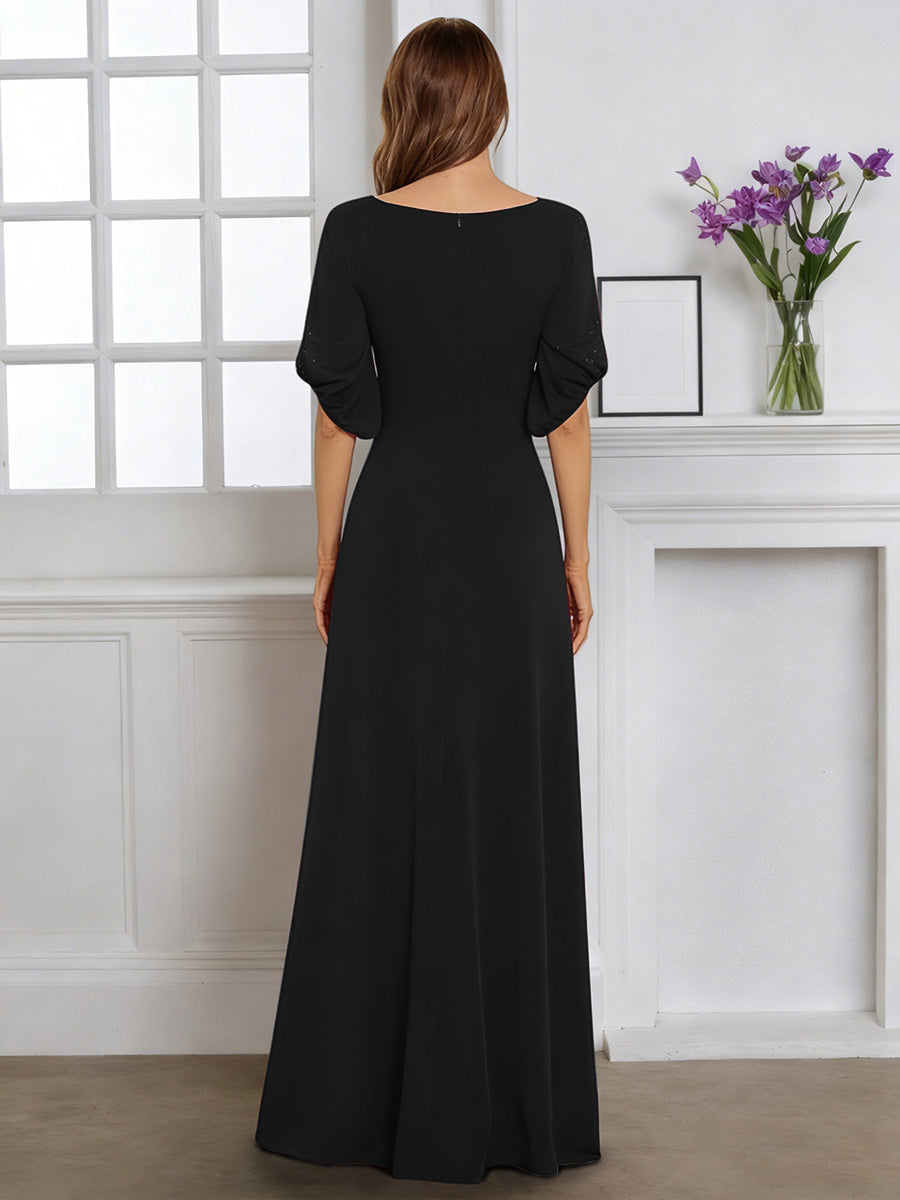 Cicinia Black Mother Of The Bride Dress With Sleeves Long Stretch Fabric Sheath Beaded Floor Length