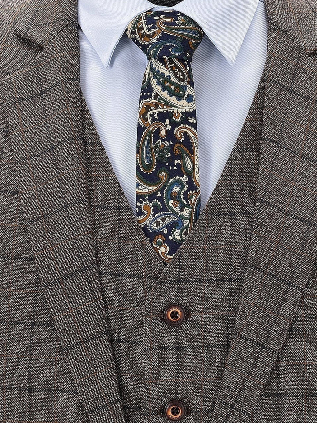 Cicinia Single Breasted Windowpane Plaid 3 Pieces Notch Lapel Slim Fit Coffee Men's Suits