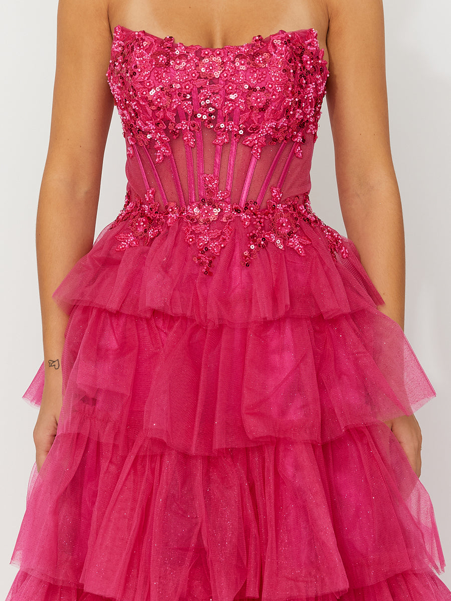 Cicinia Fuchsia Prom Dresses Long Tulle A-line Sleeveless Slit Layered Princess Dress