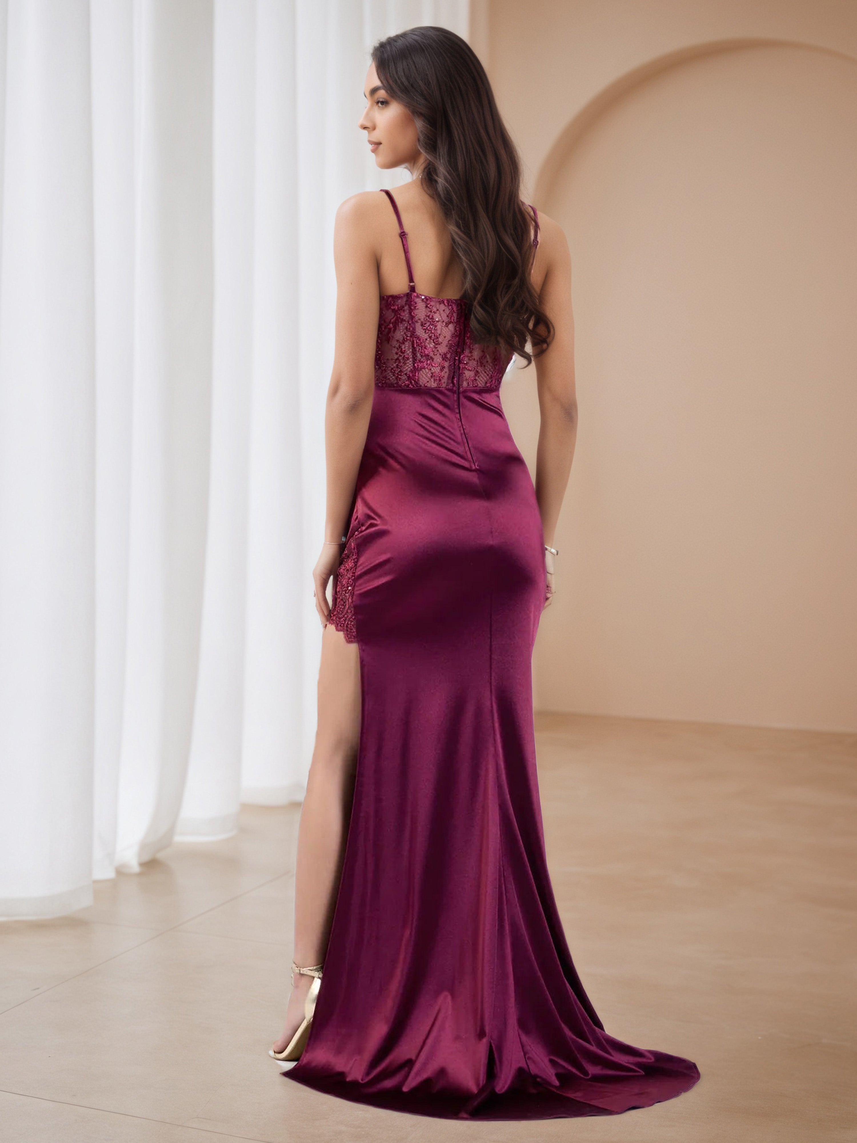 Mulberry Lace Appliques Sweep/Brush Train Trumpet/Mermaid Wedding Guest Dress