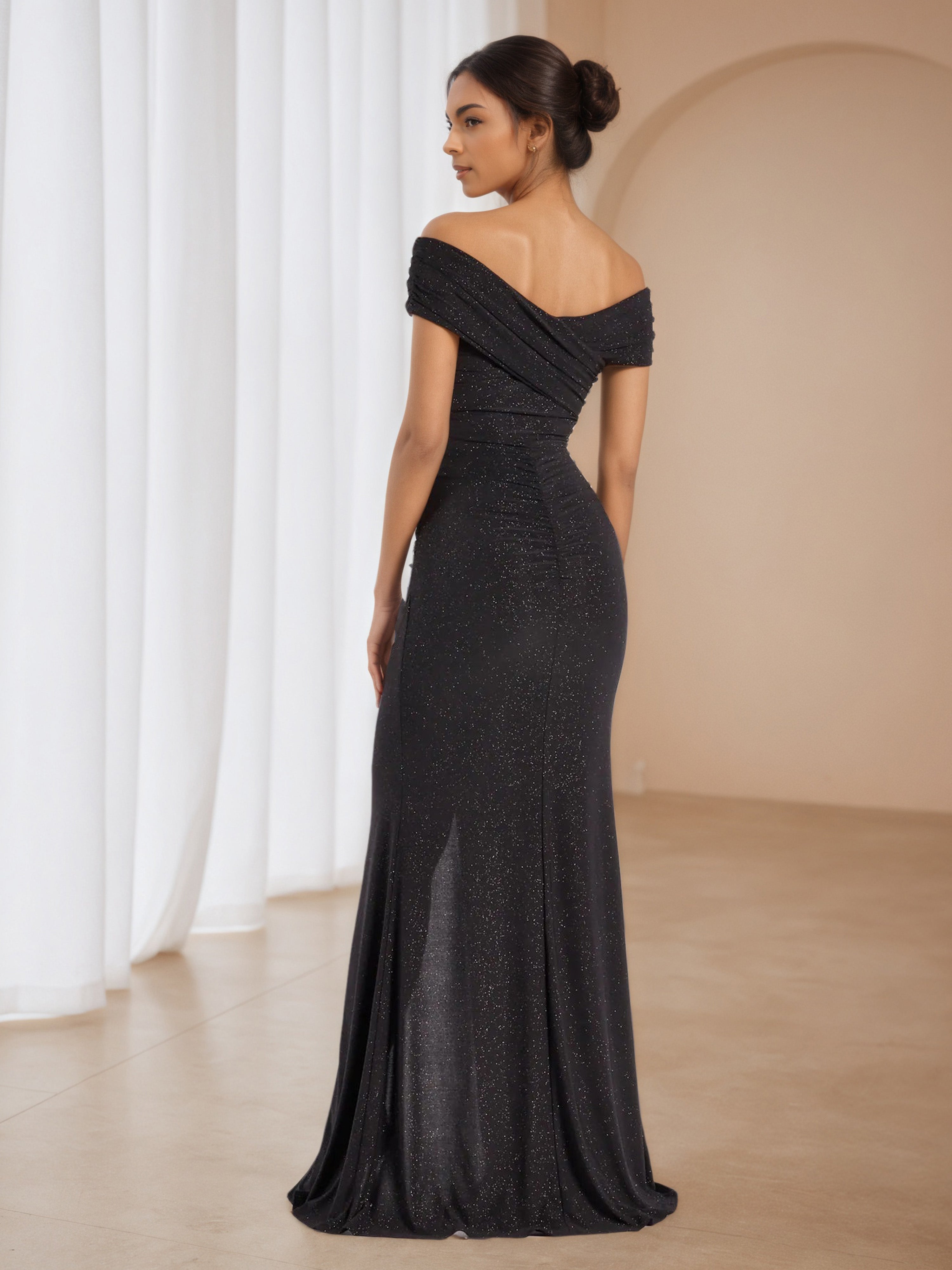 Black Off The Shoulder Glitter Split Wedding Guest Dress