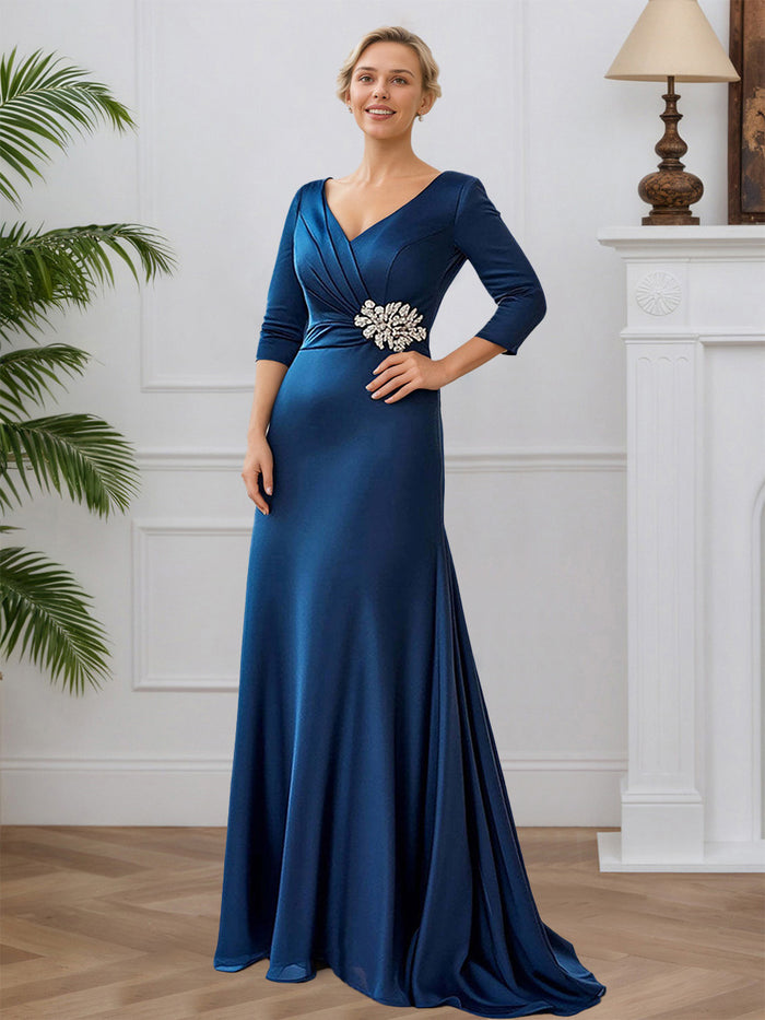 Navy A-line Beading Chiffon Long Blue Mother Of The Bride Dresses