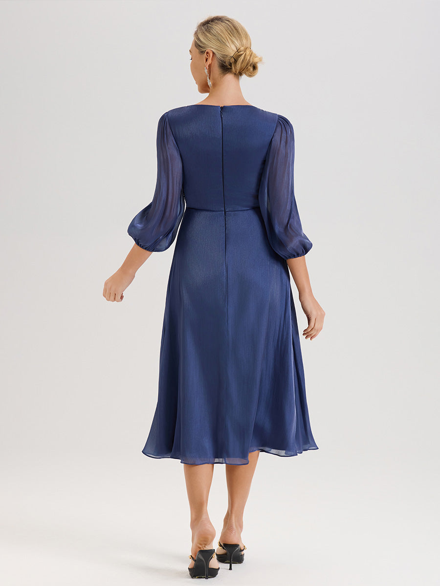 Cicinia Navy Blue Mother Of The Bride Dress Long Crepe A-line Tea Length 3/4 Sleeves