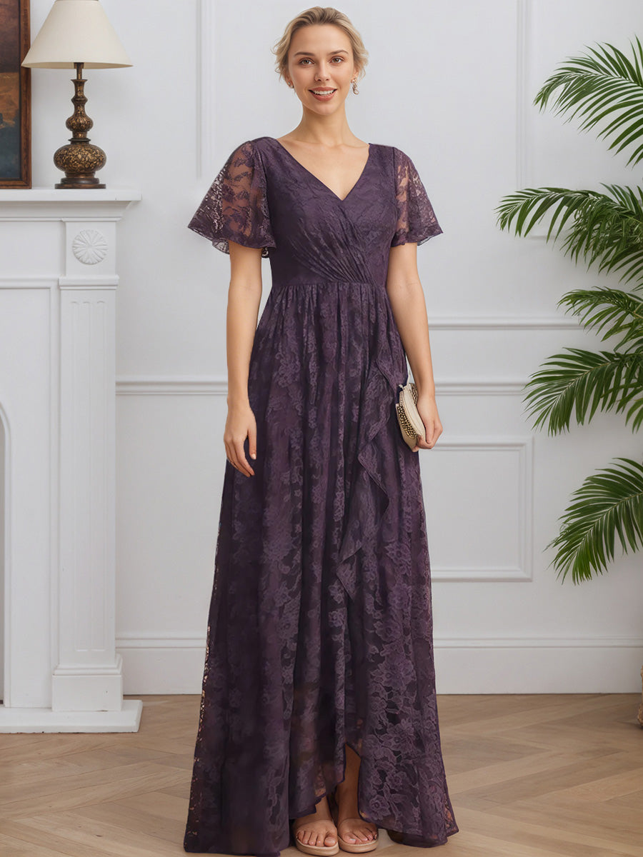 Cicinia Plum Mother Of The Bride Dress Long Lace A-line Floor Length V-neck
