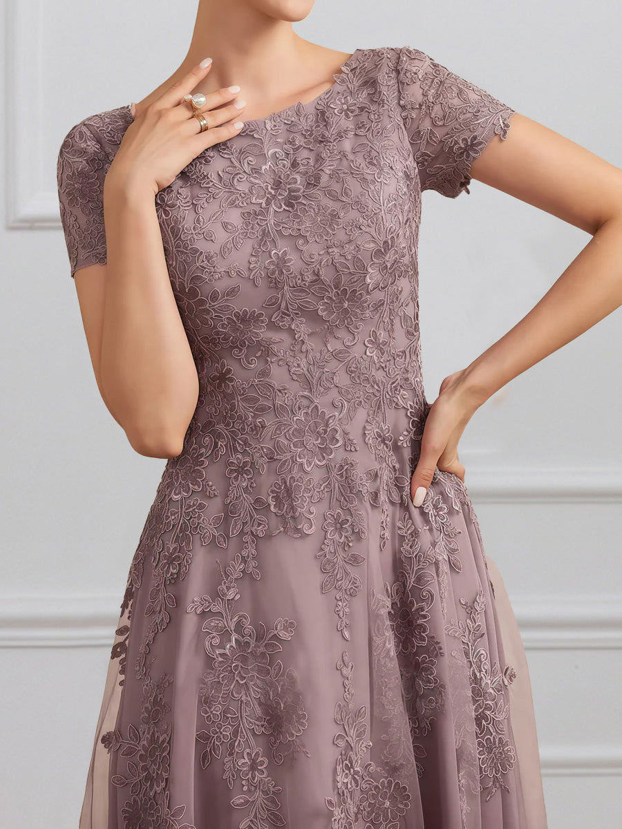 Cicinia Dusk Mother Of The Bride Dress Long Chiffon Lace A-line Tea Length Short Sleeves