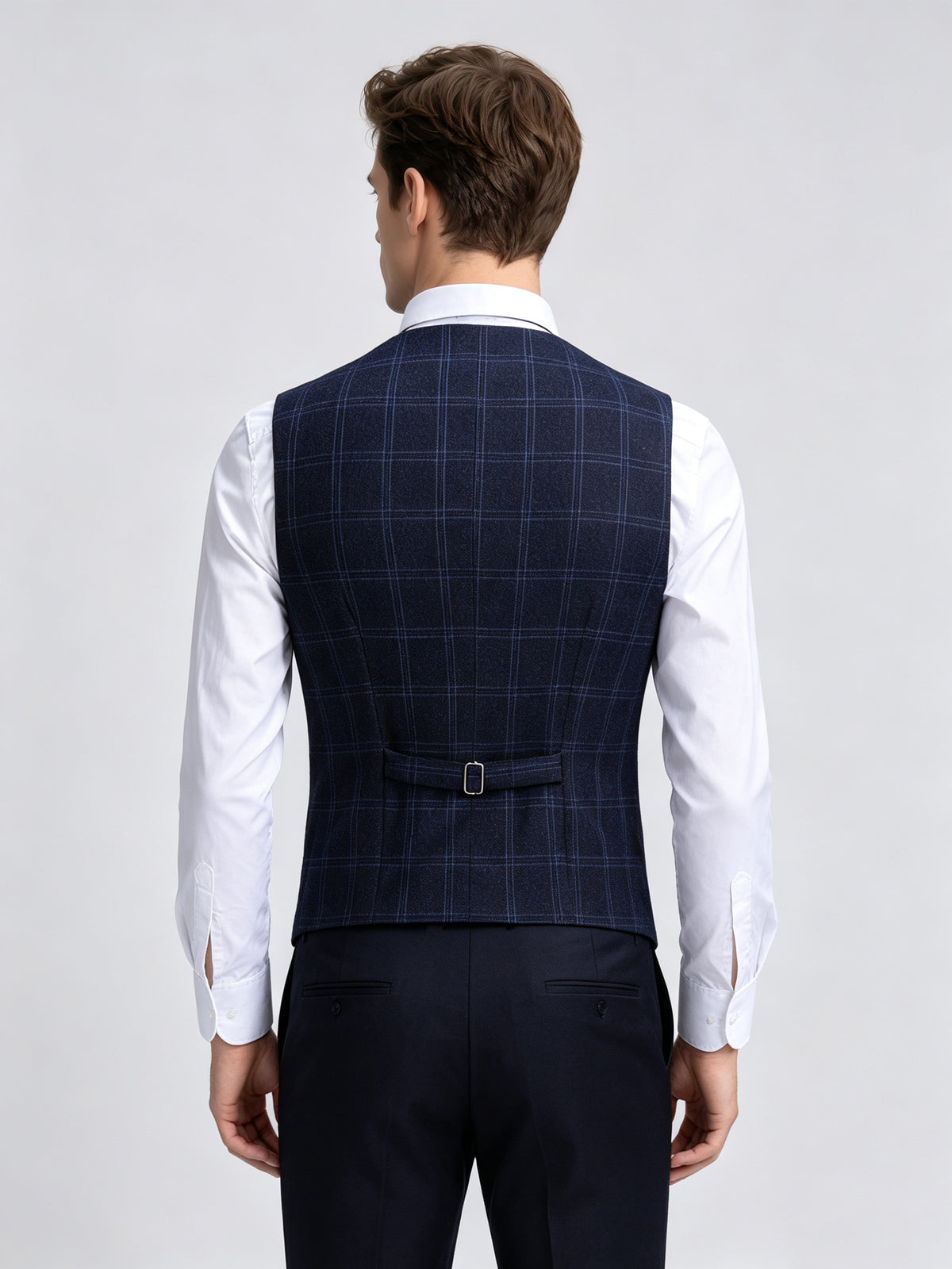 Cicinia 3 Pieces Windowpane Plaid Suit Notch Lapel Single Breasted Slim Navy Blue Men's Suits