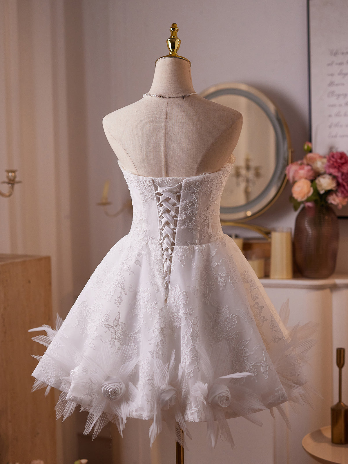 Cicinia Elegant Lace Tulle A-line White Wedding Dresses Short Strapless Lace Up Back Mini Length Dress