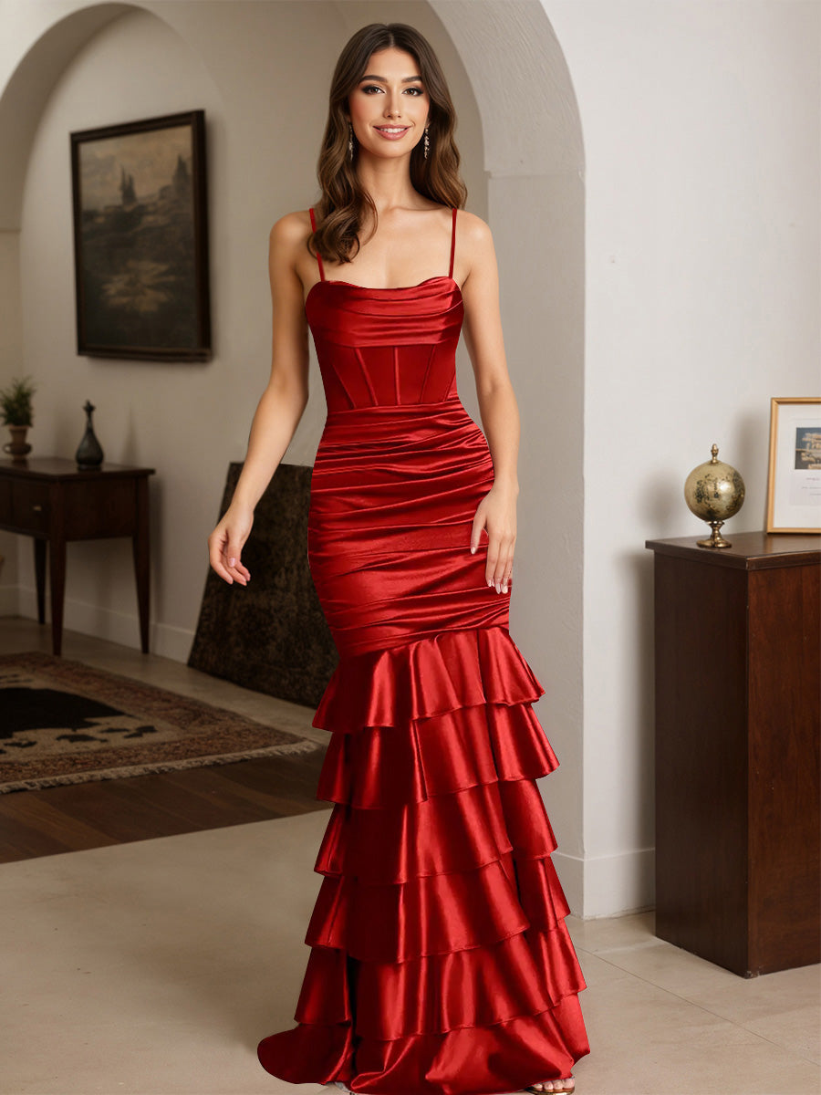 Cicinia Red Prom Dresses Long Stretch Satin Ruffles Sheath Slit Spaghetti Straps Gowns