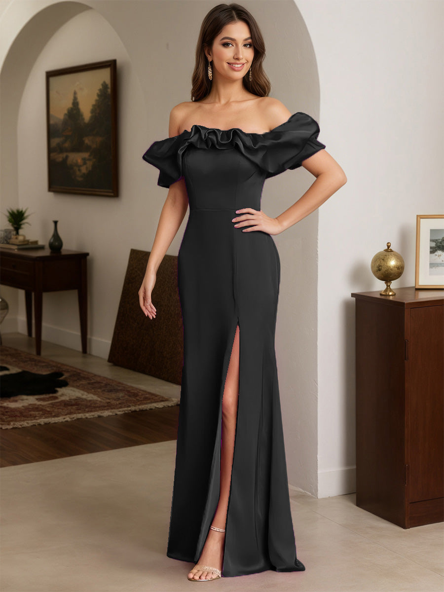 Cicinia Black Prom Dresses Long Stretch Satin Sheath Off The Shoulder Floor Length