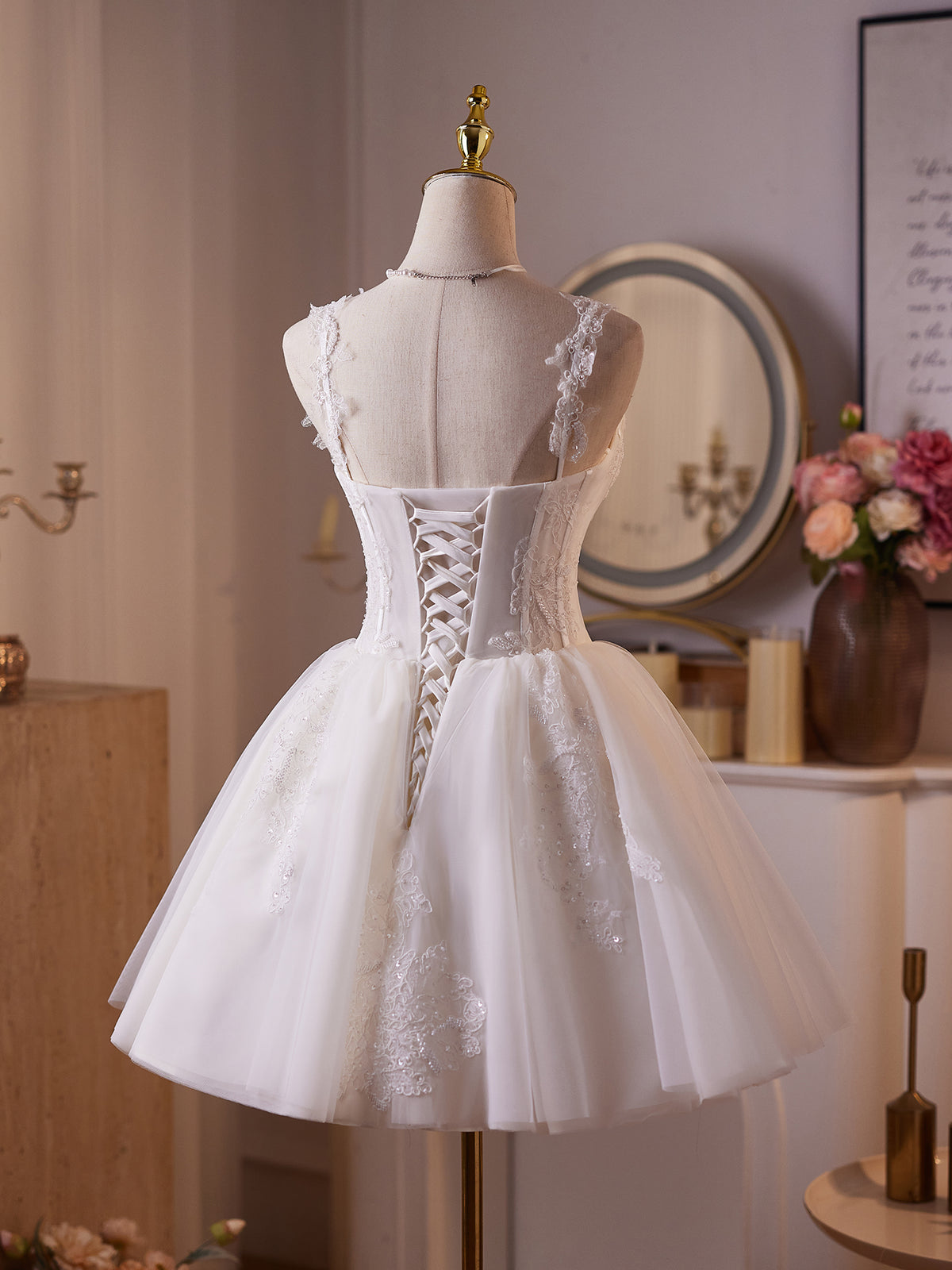 Cicinia Charming Lace Up Back Beaded Tulle A-line White Wedding Dresses Short Mini Length Dress