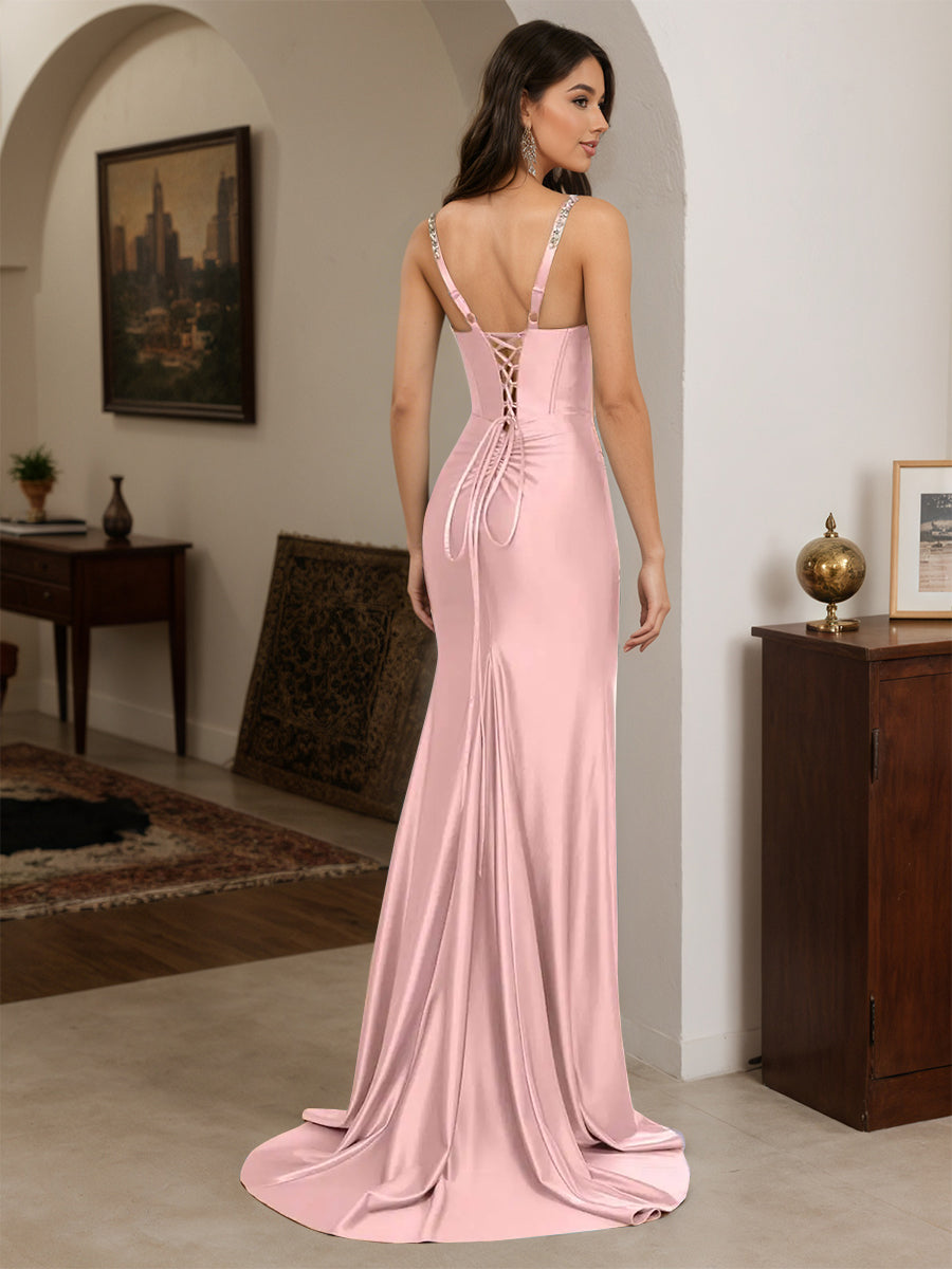 Cicinia Pink Prom Dresses Long Beaded Sheath Backless Dress With Straps