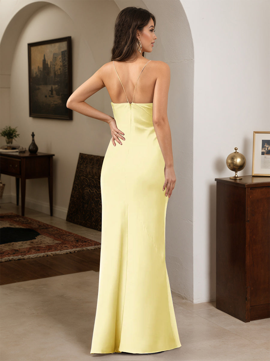 Cicinia Daffodil Prom Dresses Long Soft Satin Sheath Slit Spaghetti Straps Floor Length Chic