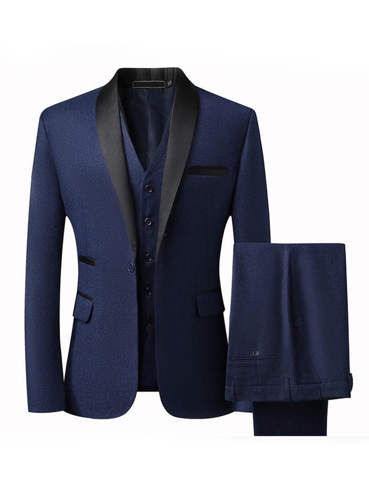 Cicinia Navy Blue Men's Suits 3 Pieces Shawl Lapel Tuxedo Single Breasted Jacket Vest Slim Straight Trousers