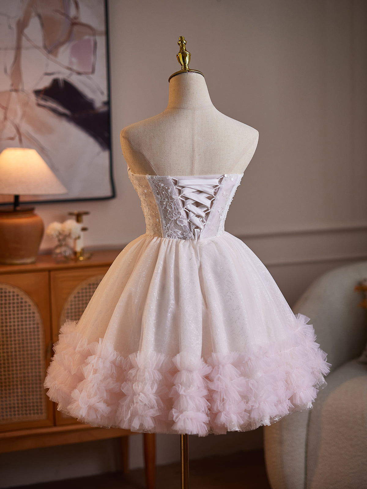 Cicinia Sweetheart Pink Wedding Dresses Short Lace A-line Ruffle Tulle Bridal Dress