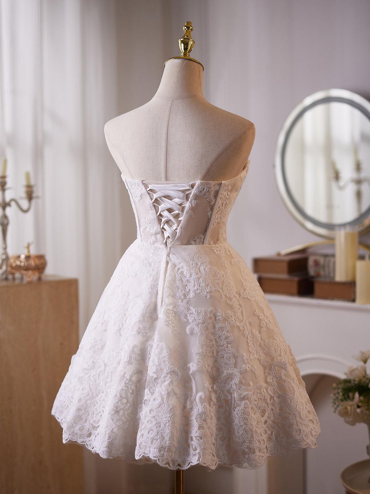 Cicinia Pearl Chain Vintage Cameo Ivory Wedding Dresses Short Lace A-line Sweetheart Mini Length Bridal Dress