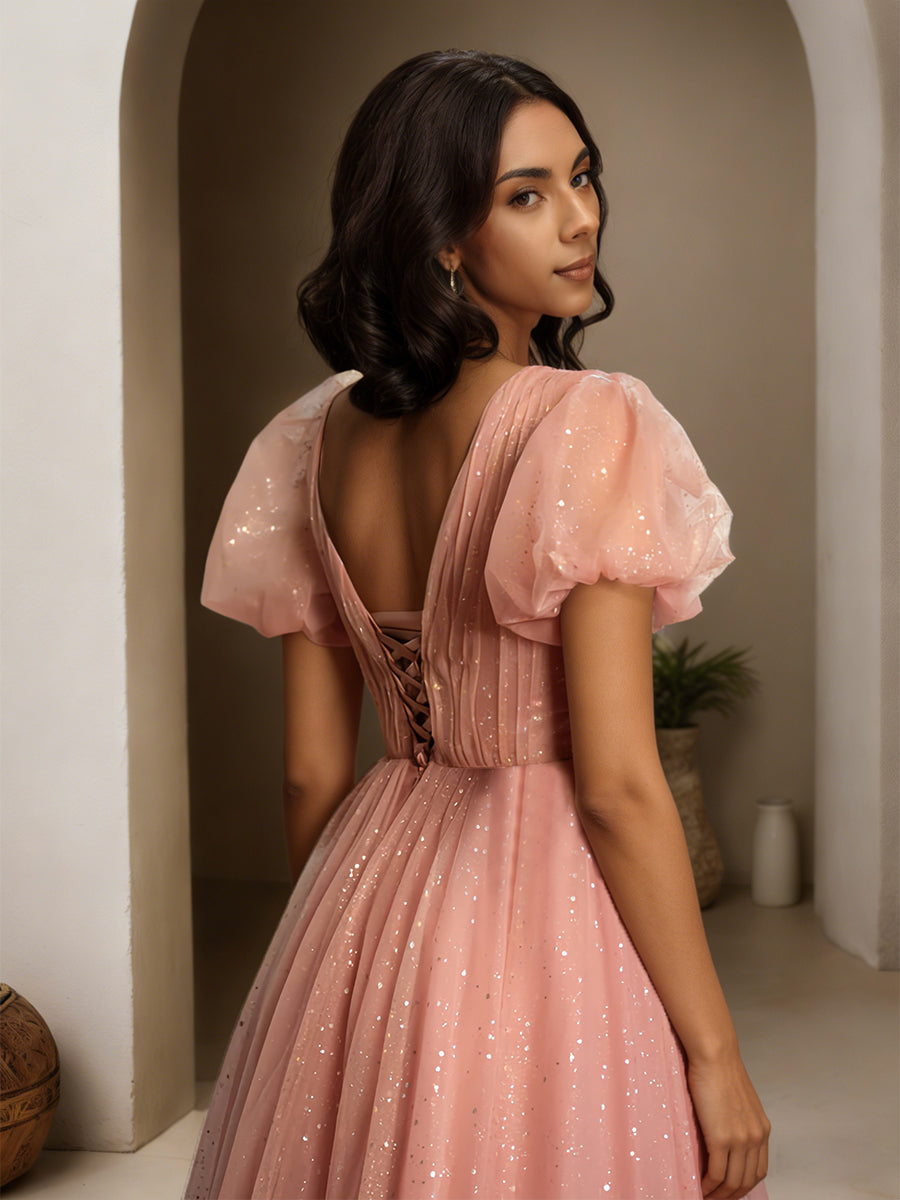 Cicinia Dusty Rose Prom Dresses Long Glitter Tulle A-line Puffed Sleeves Princess Dress