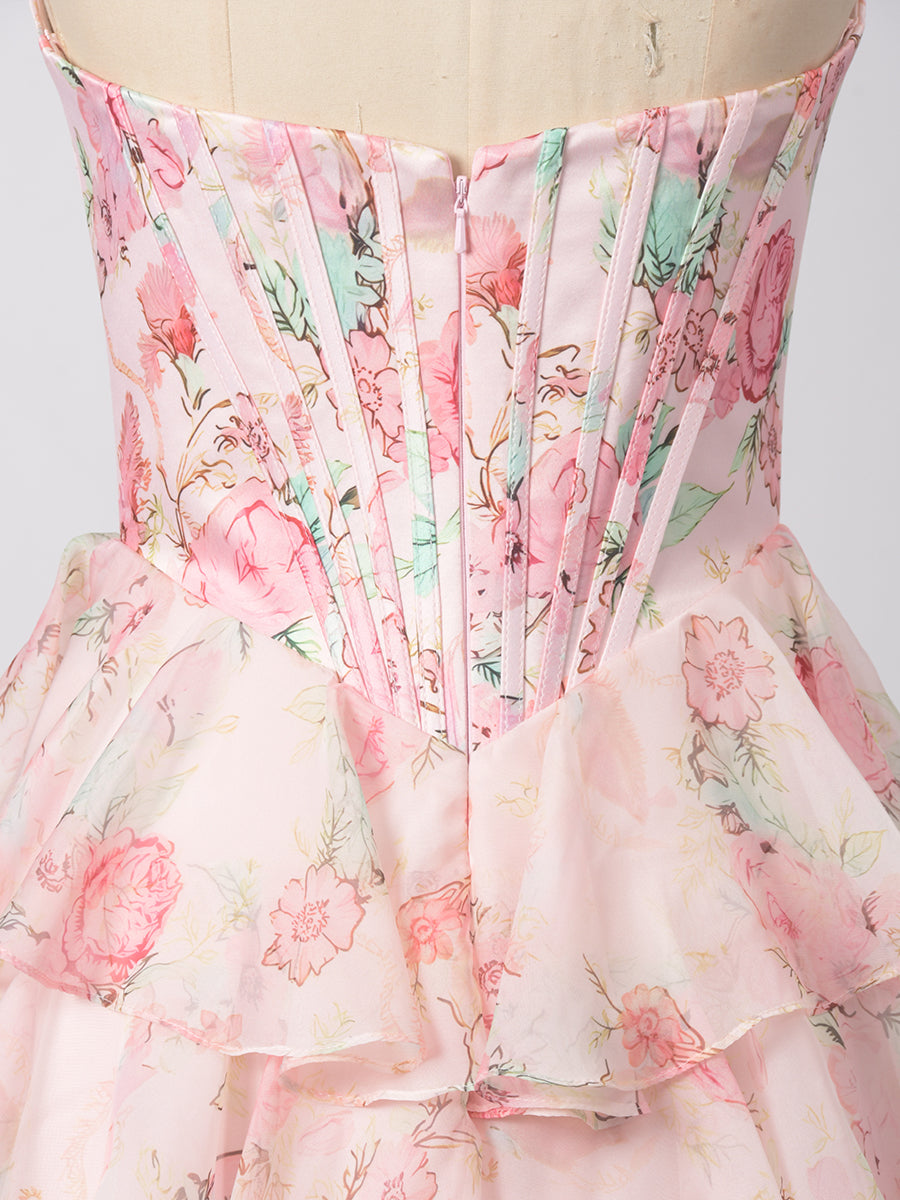 Cicinia Blushing Pink Prom Dresses Long Printed Fabric A-line Sleeveless Slit Layered Gowns