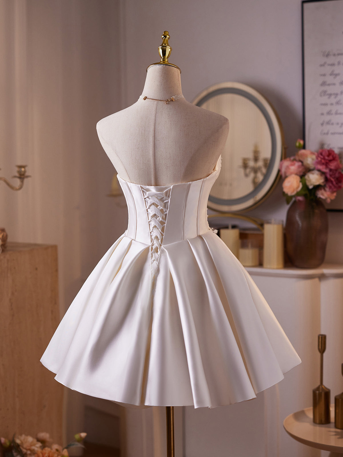 Cicinia Simple Appliques Lace Satin A-line White Wedding Dresses Short Mini Length Pleated Dress