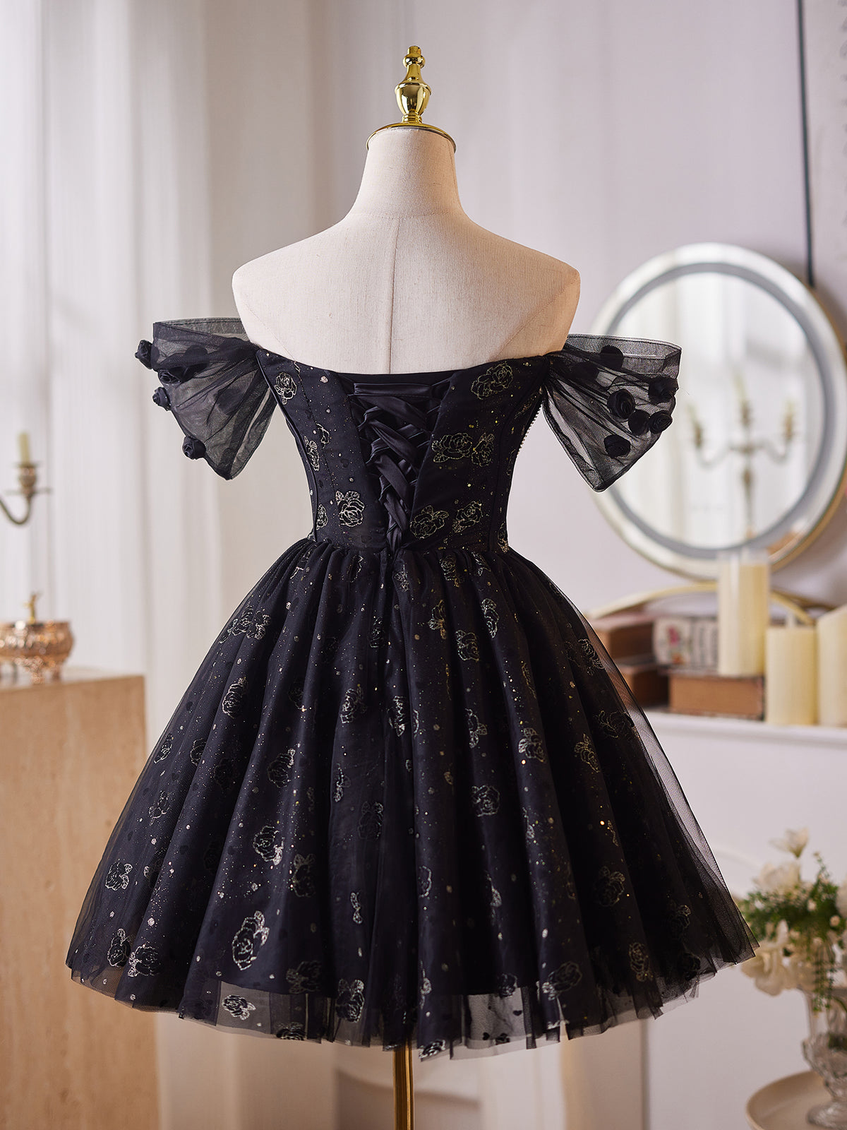 Cicinia Off The Shoulder Rose Print Tulle Black Homecoming Dresses Short A-line Mini Length Party Dress