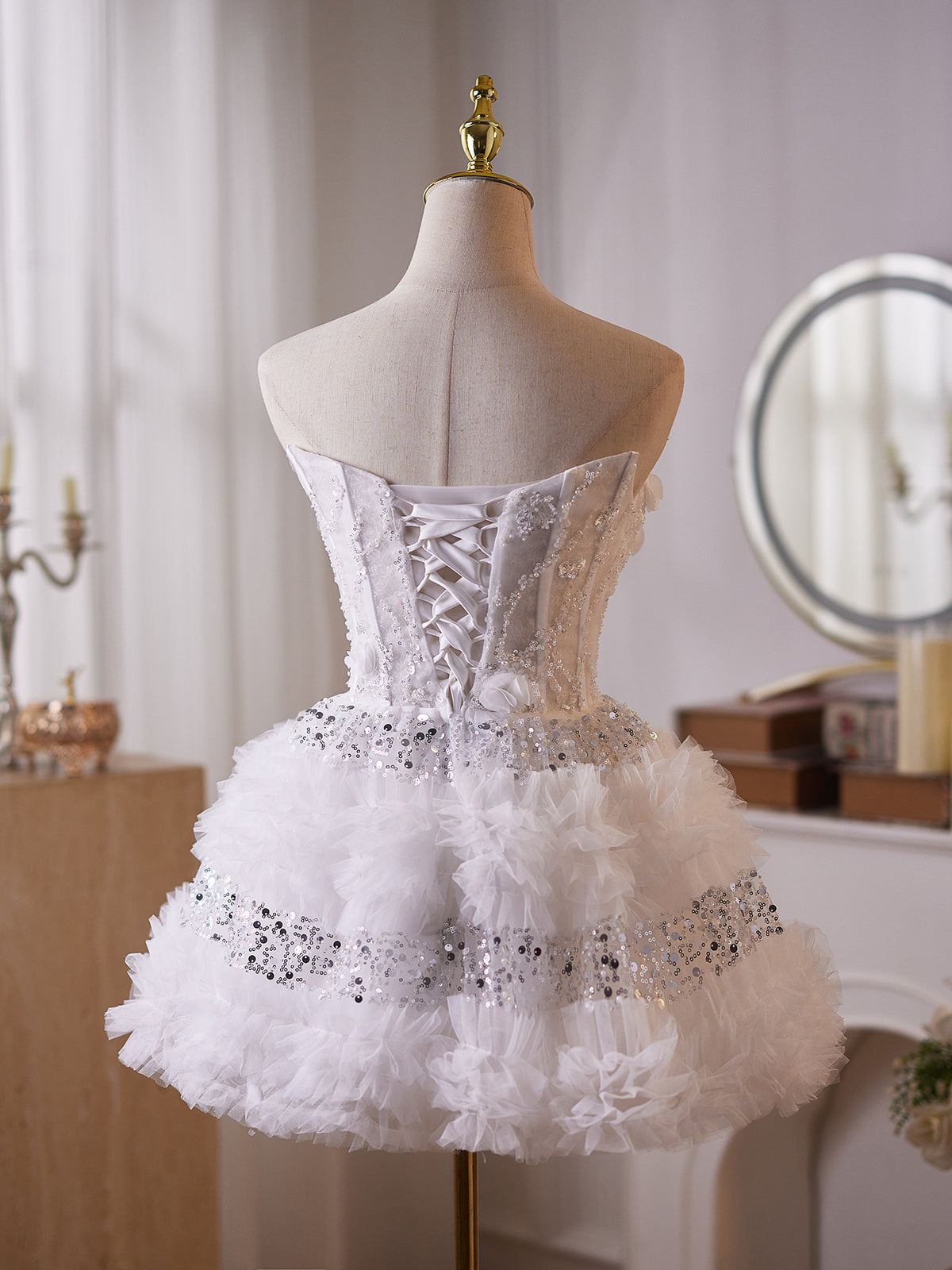 Cicinia White Wedding Dresses Short Strapless 3D Floral Beaded Sequin Tiered Ruffle Tulle Mini Bridal Dress
