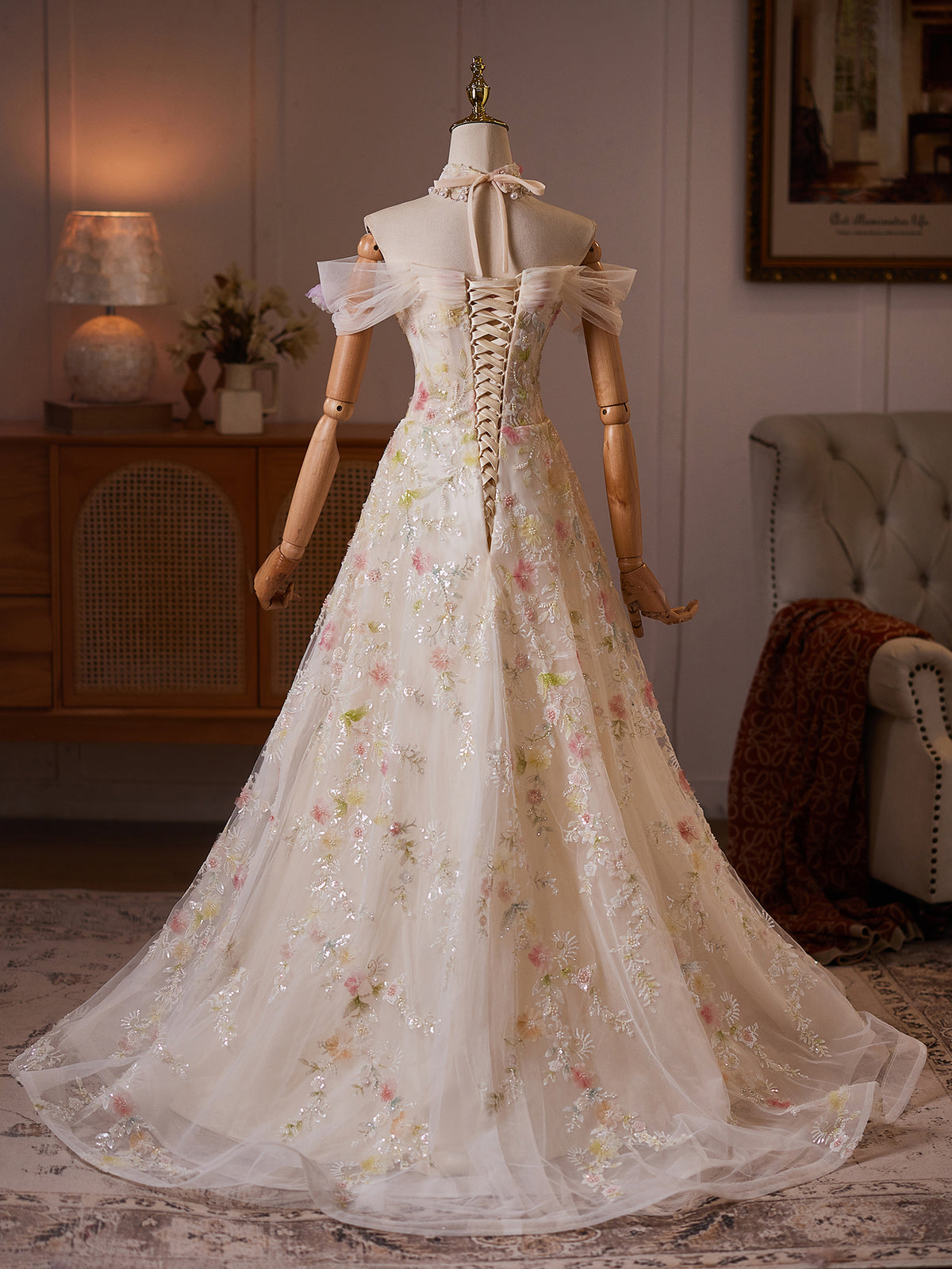 Cicinia Floor Length 3D Colorful Floral Appliques Off The Shoulder Champagne Wedding Dresses Long A-line Bridal Gowns