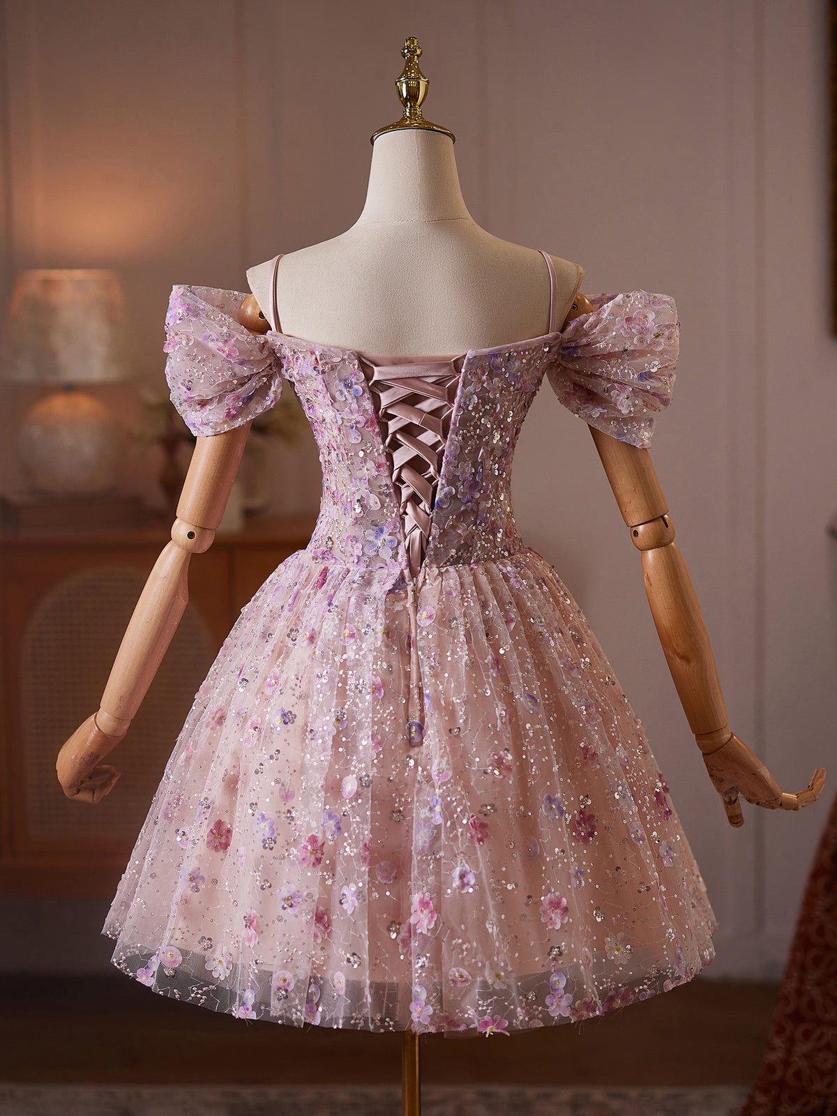 Cicinia Sequined Floral Tulle Pink Homecoming Dresses Short A-line Off The Shoulder Mini Dress