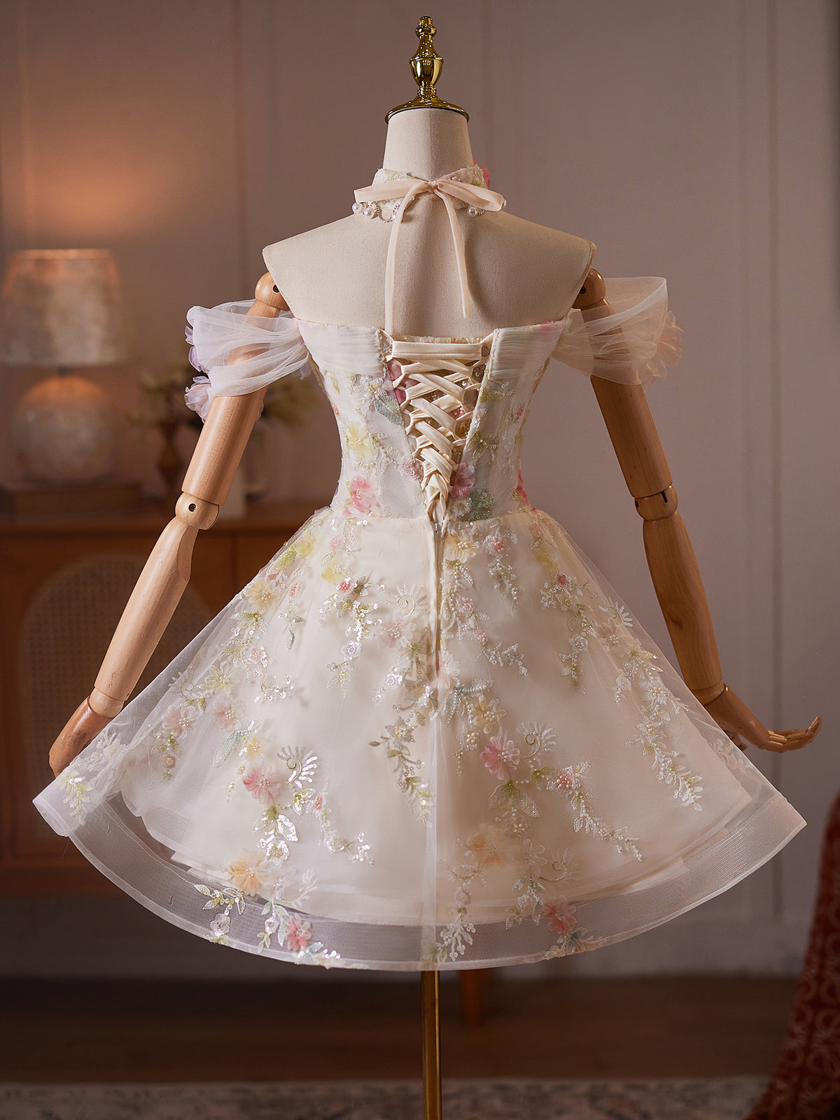 Cicinia 3D Colorful Floral Appliques Off The Shoulder Champagne Wedding Dresses Short A-line Bridal Dress