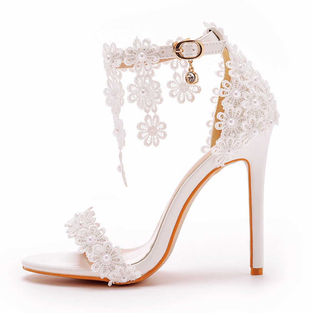 Open Toe White Lace Flowers Tassels Ankle-Strap Ultra High Heels