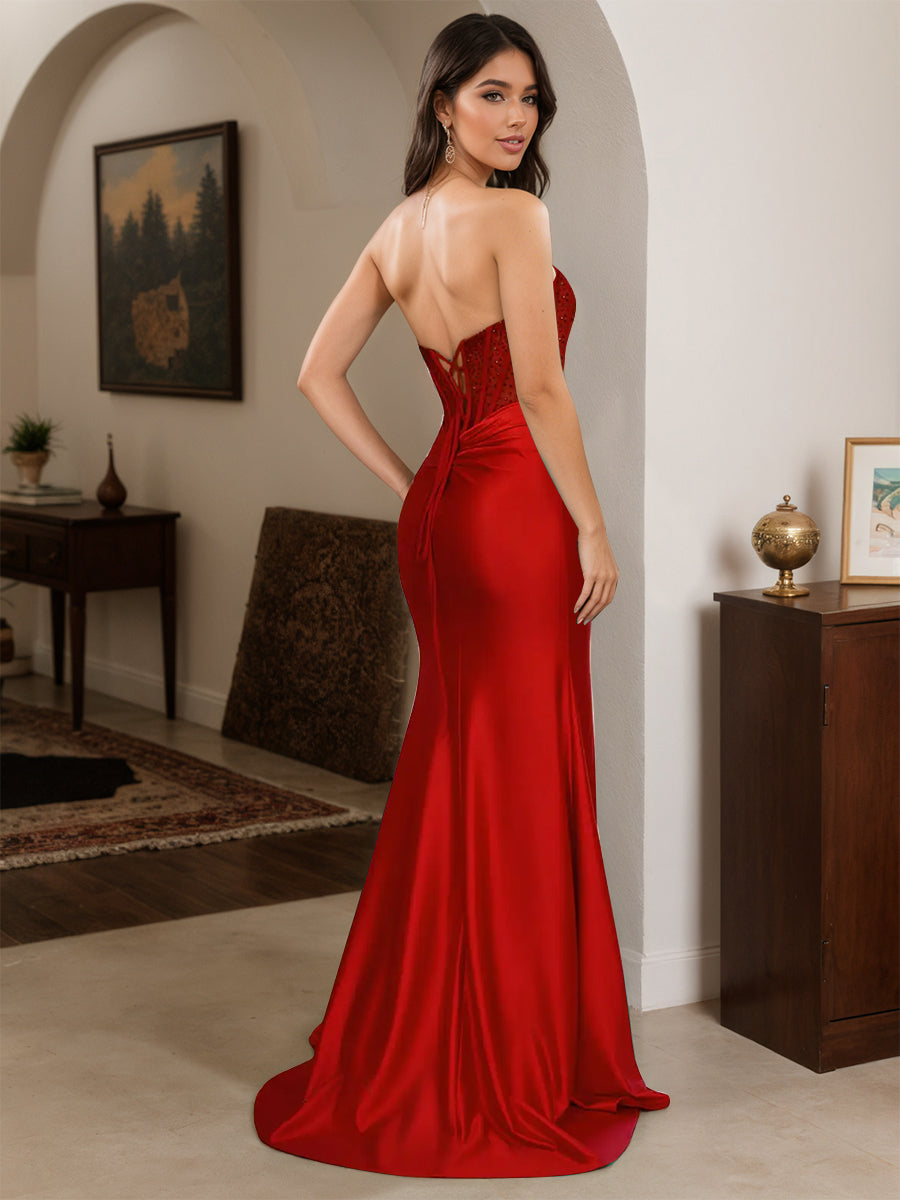 Cicinia Red Prom Dresses Long Beaded Sheath Strapless Backless Dress